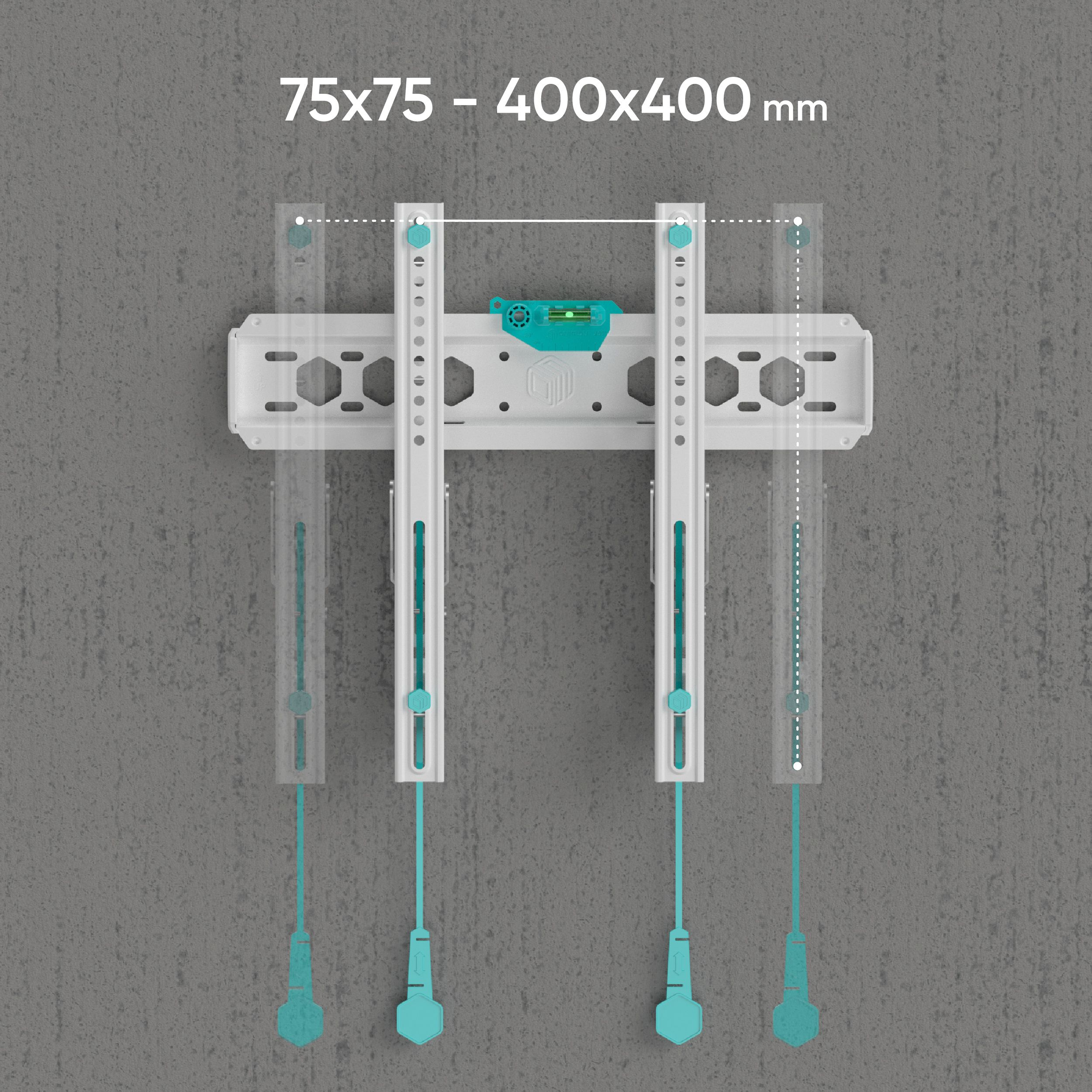 Biały uchwyt TV na szarej ścianie. Ma regulacje w kolorze turkusowym. U góry napis '75x75 - 400x400 mm'.