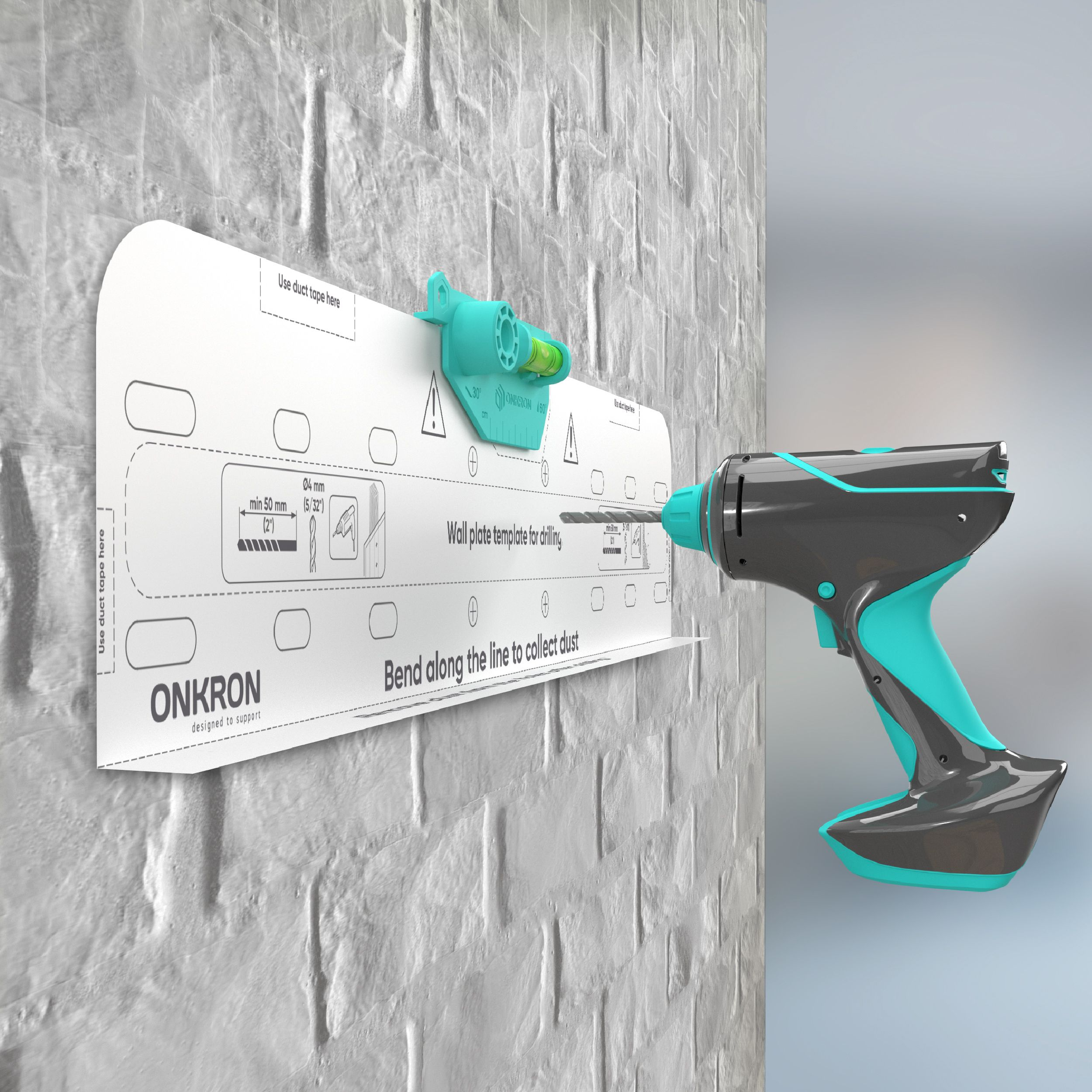 Wiertarka jest umieszczona przy szablonie płyty ściennej. Ściana jest biała, a wiertarka czarna i turkusowa.