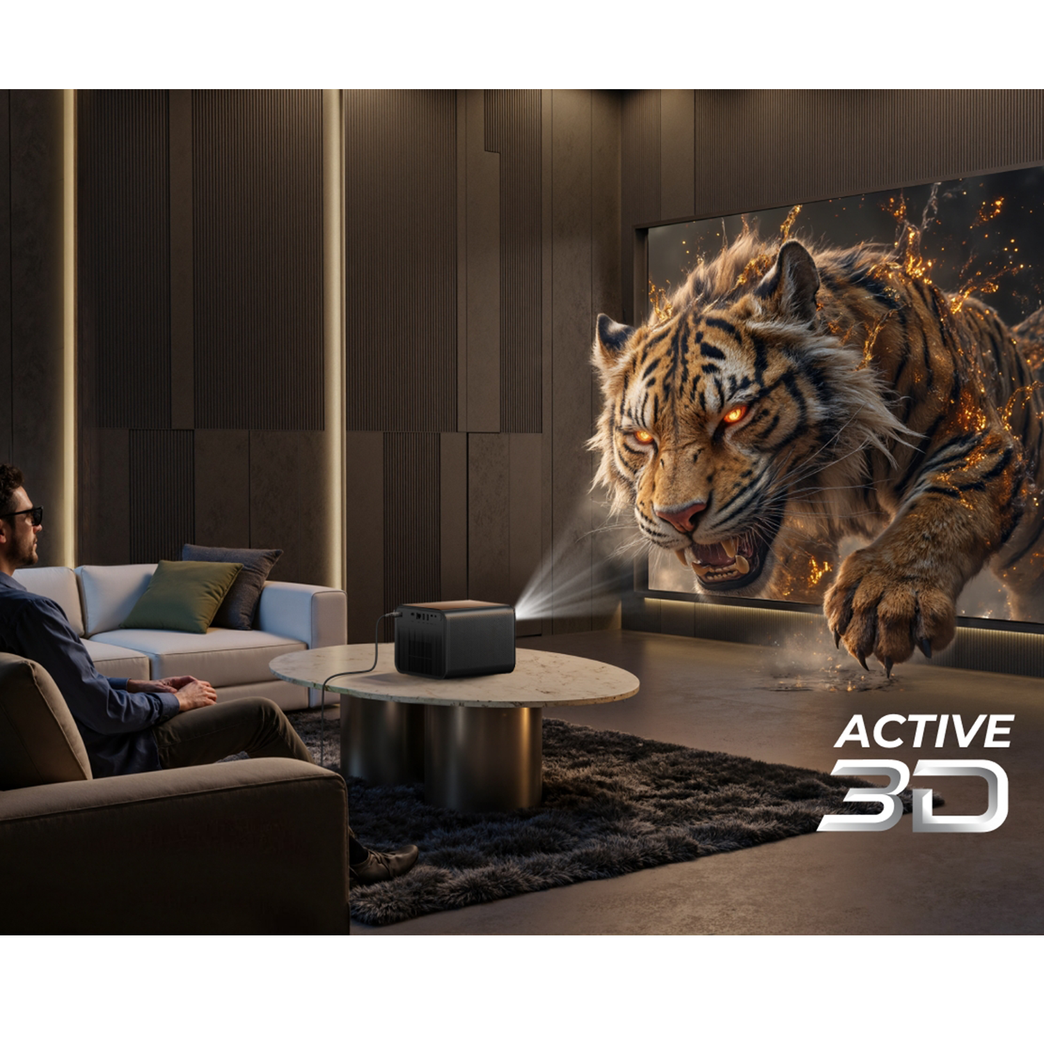 A man watches a 3D tiger projection. A projector on the table creates the image. The room has a sofa, a rug, and a modern design.