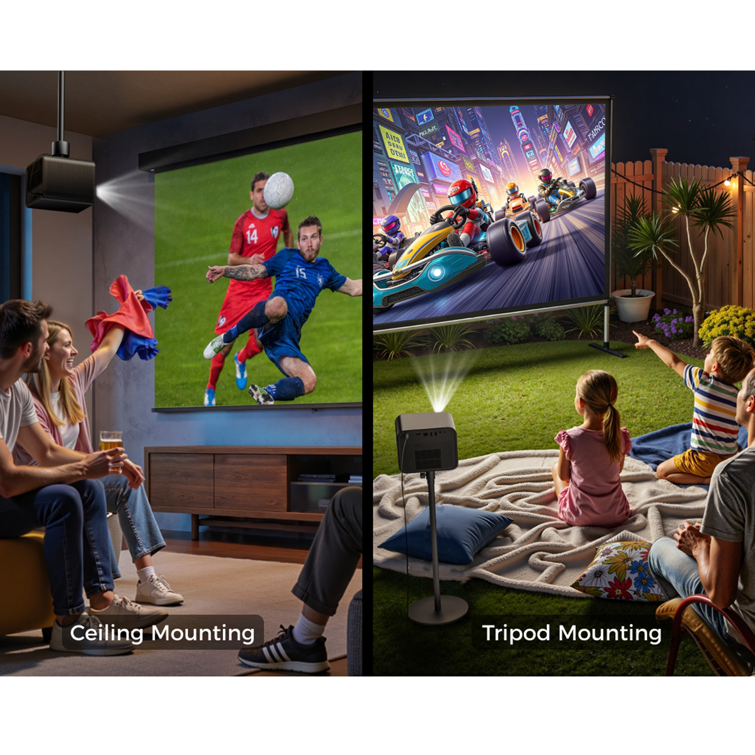 L'image montre deux scènes : un salon avec un match de football sur écran et une cour avec un jeu de course sur écran.