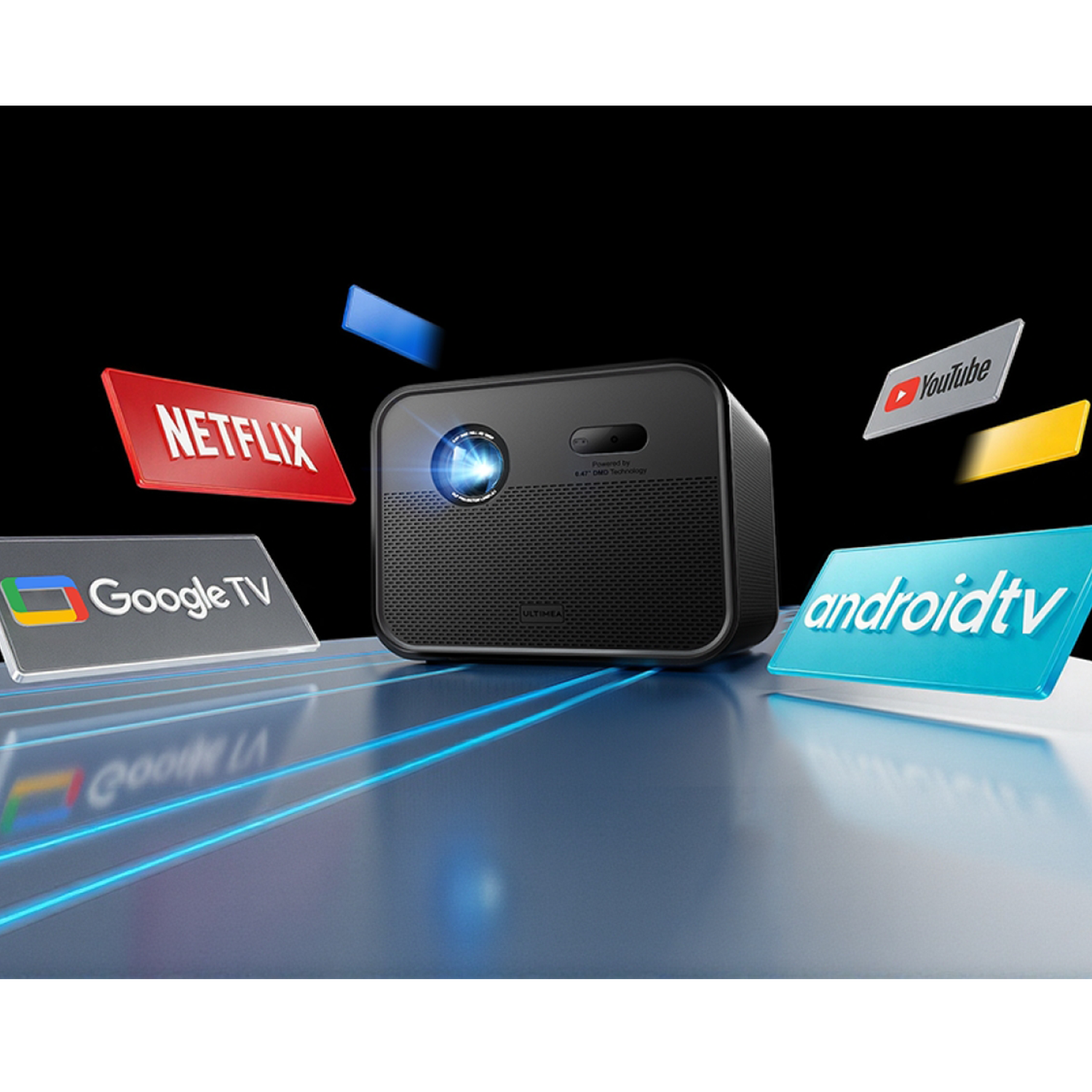 Black projector with logos of Netflix, YouTube, Google TV, and Android TV. Blue light beams from the projector lens.