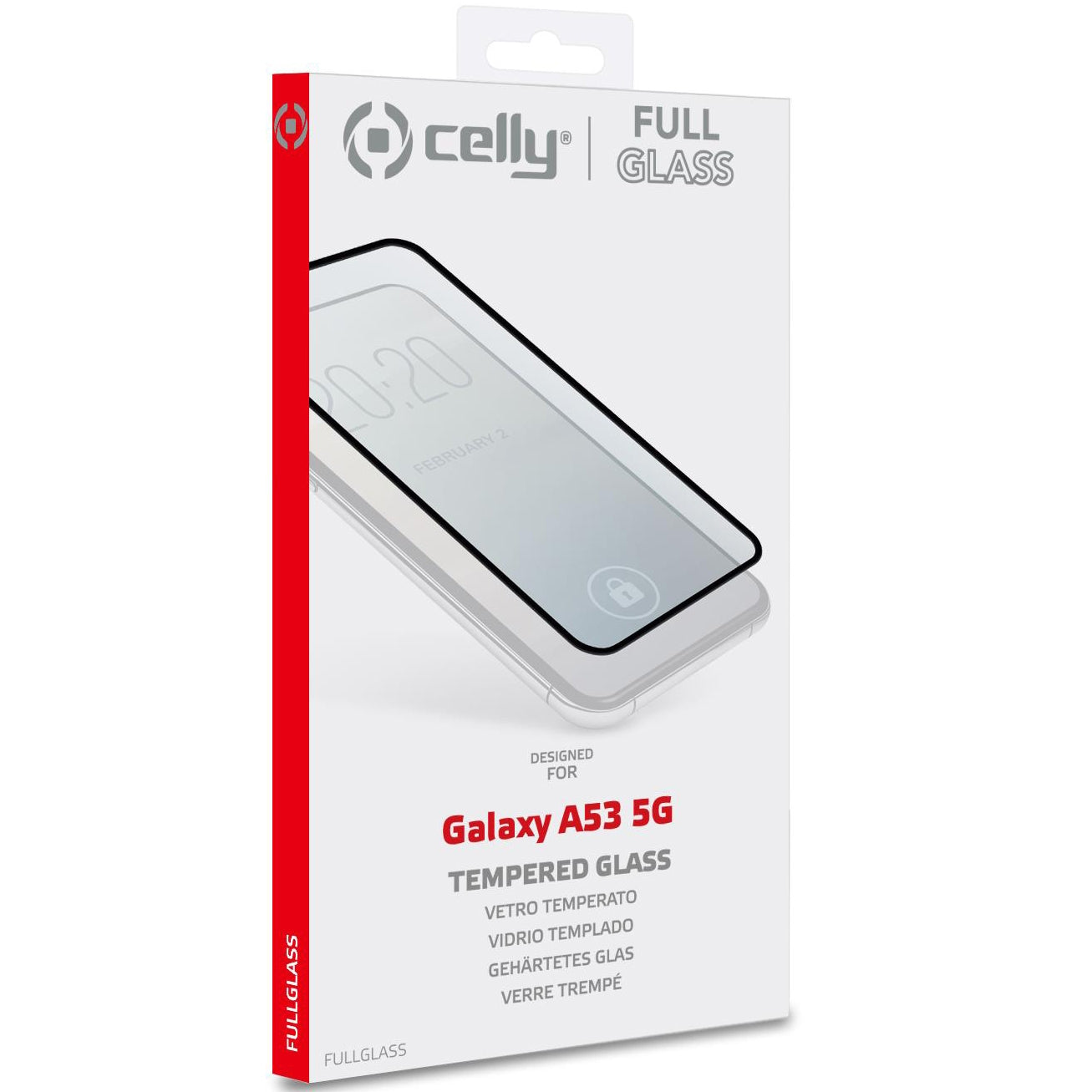 Una scatola bianca con una protezione per lo schermo del telefono. Dice 'Galaxy A53 5G' e 'Tempered Glass'. Una striscia rossa corre lungo il lato.