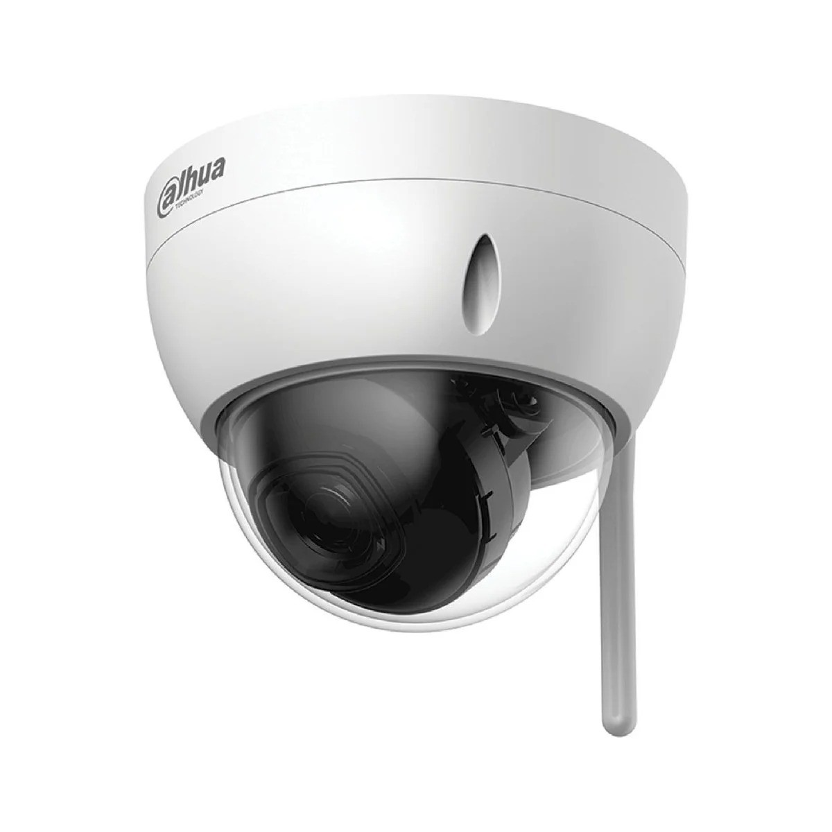 Una telecamera di sicurezza Dahua bianca con obiettivo a cupola nera. Ha un'antenna grigia, per la sorveglianza.