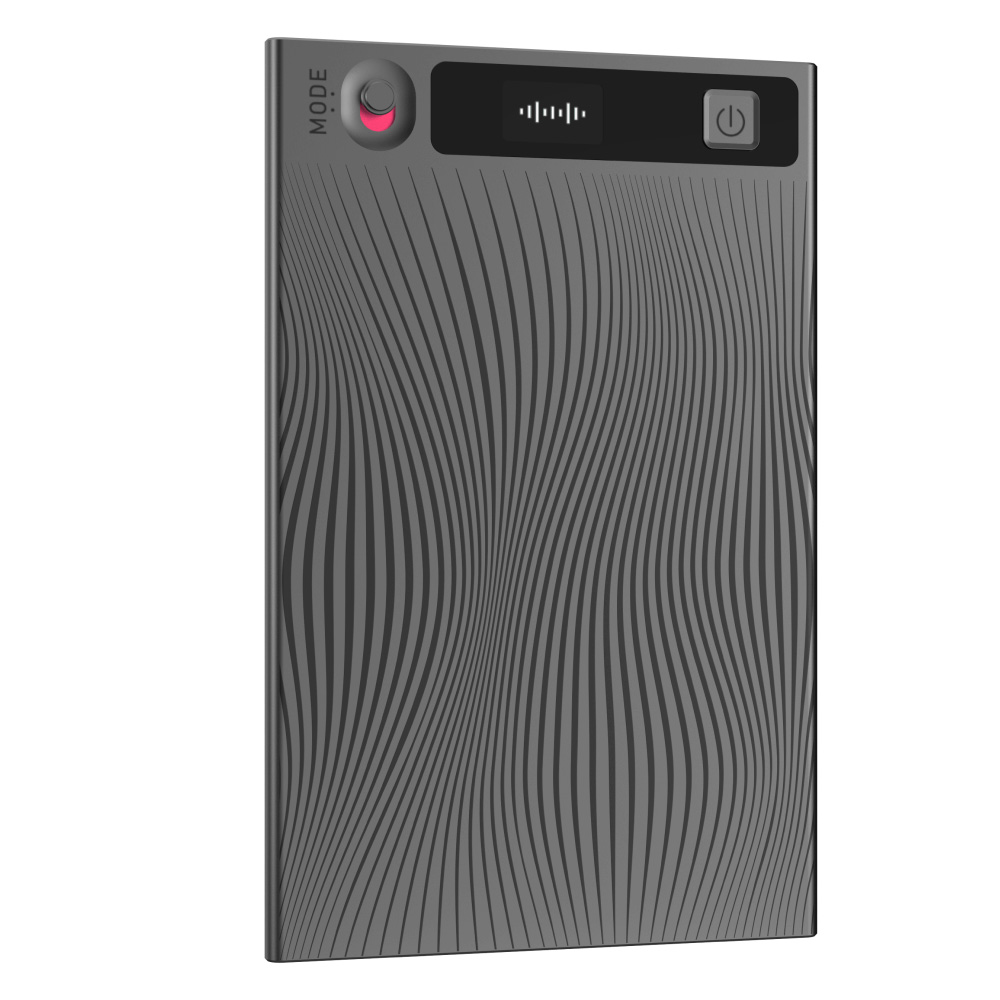 Un dispositivo rectangular gris con líneas onduladas, un botón de encendido y una pantalla. Una luz roja está encendida. La palabra 'MODE' es visible.