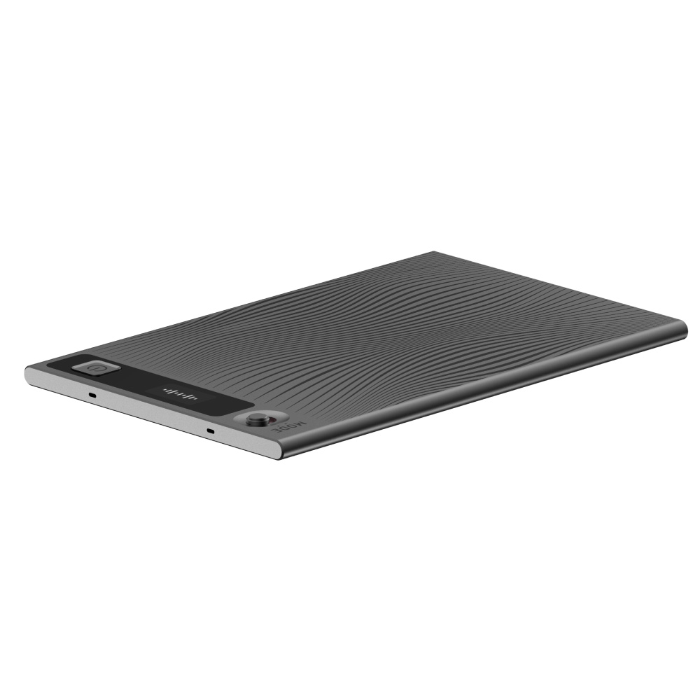 Un dispositivo rectangular gris con líneas onduladas en la parte superior. Tiene botones e indicadores. El dispositivo está ligeramente inclinado.