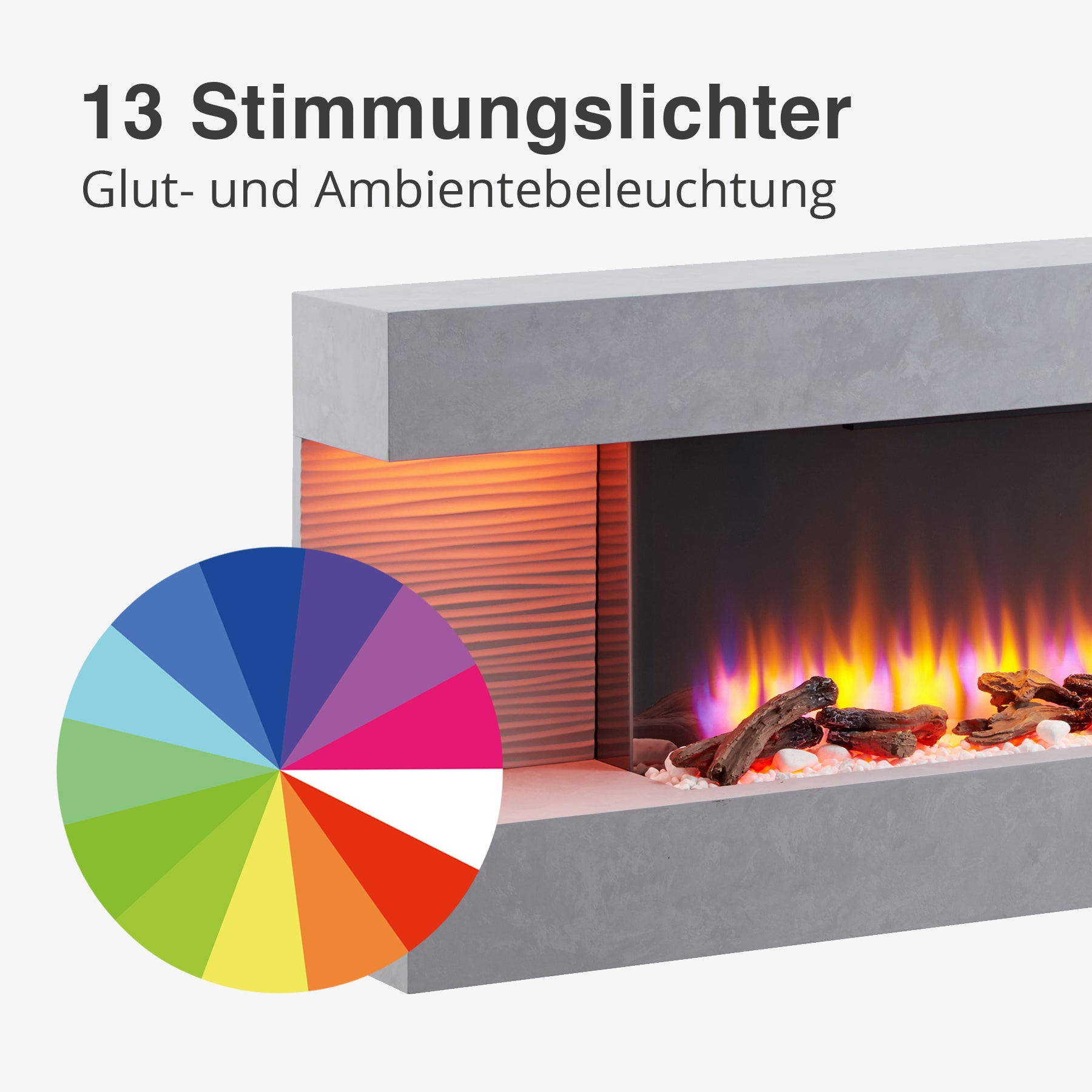 Elektrischer Kamin mit Farbkreis, Flammen und Holzscheiten. Graue Struktur mit orangen und violetten Lichtern.