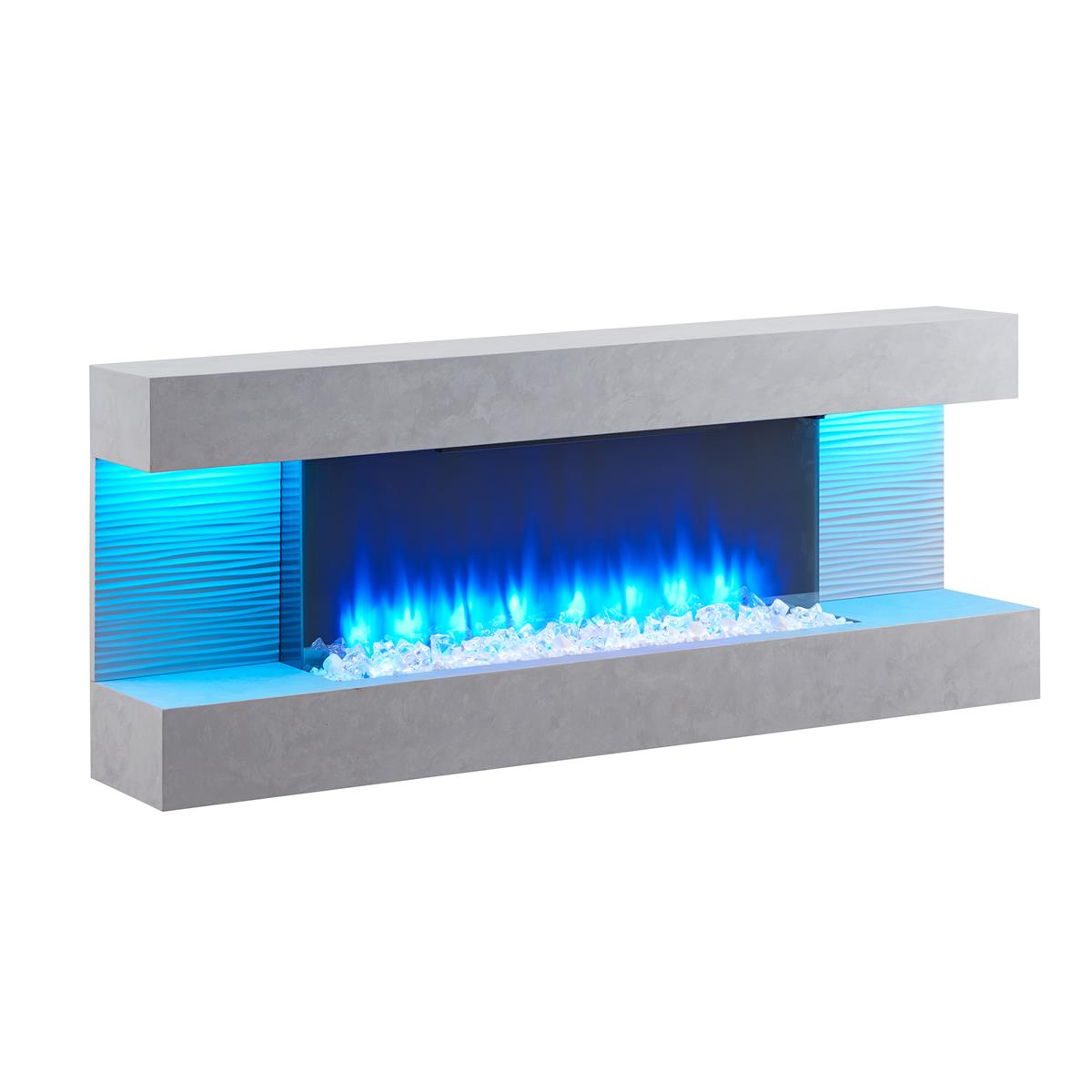 Moderner elektrischer Kamin mit blauen Flammen, Glaskristallen und einem grauen, betonartigen Rahmen.