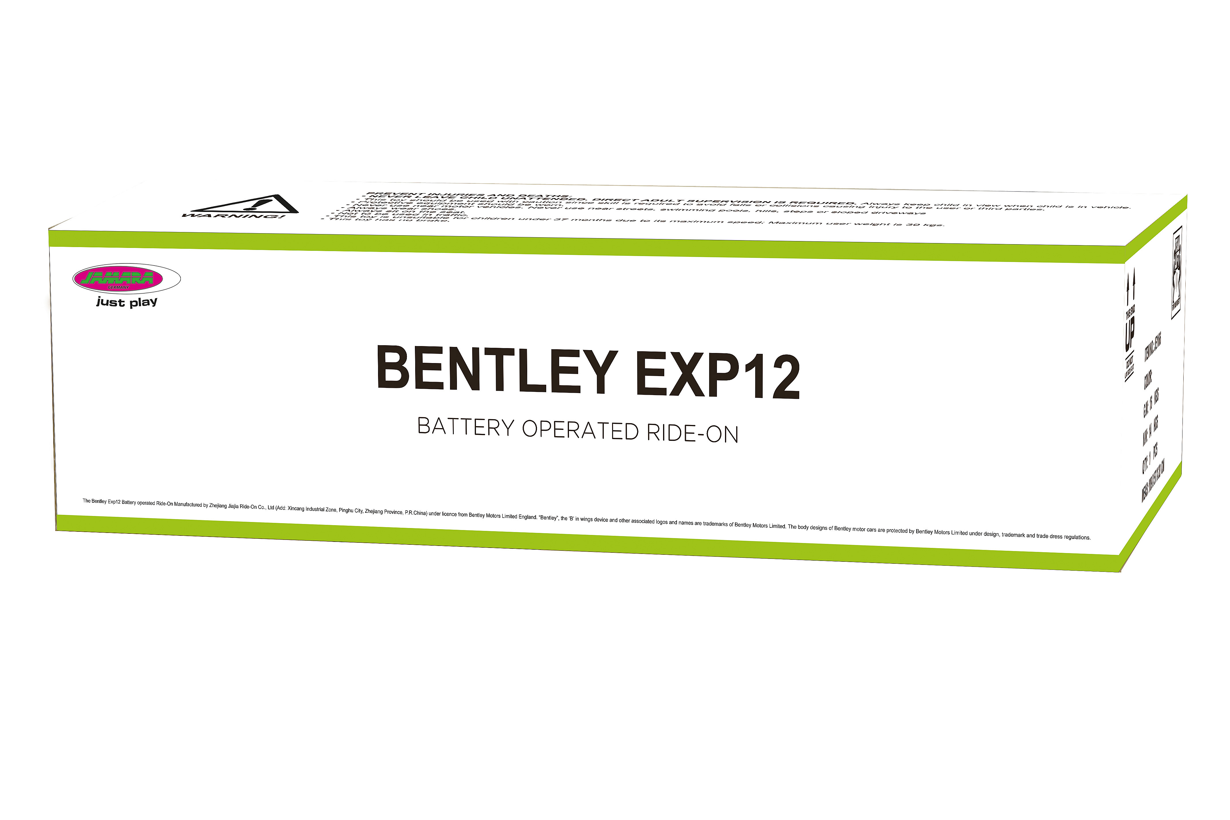 Una scatola bianca con strisce verdi. Ha le parole 'BENTLEY EXP12 BATTERY OPERATED RIDE-ON' stampate sopra.