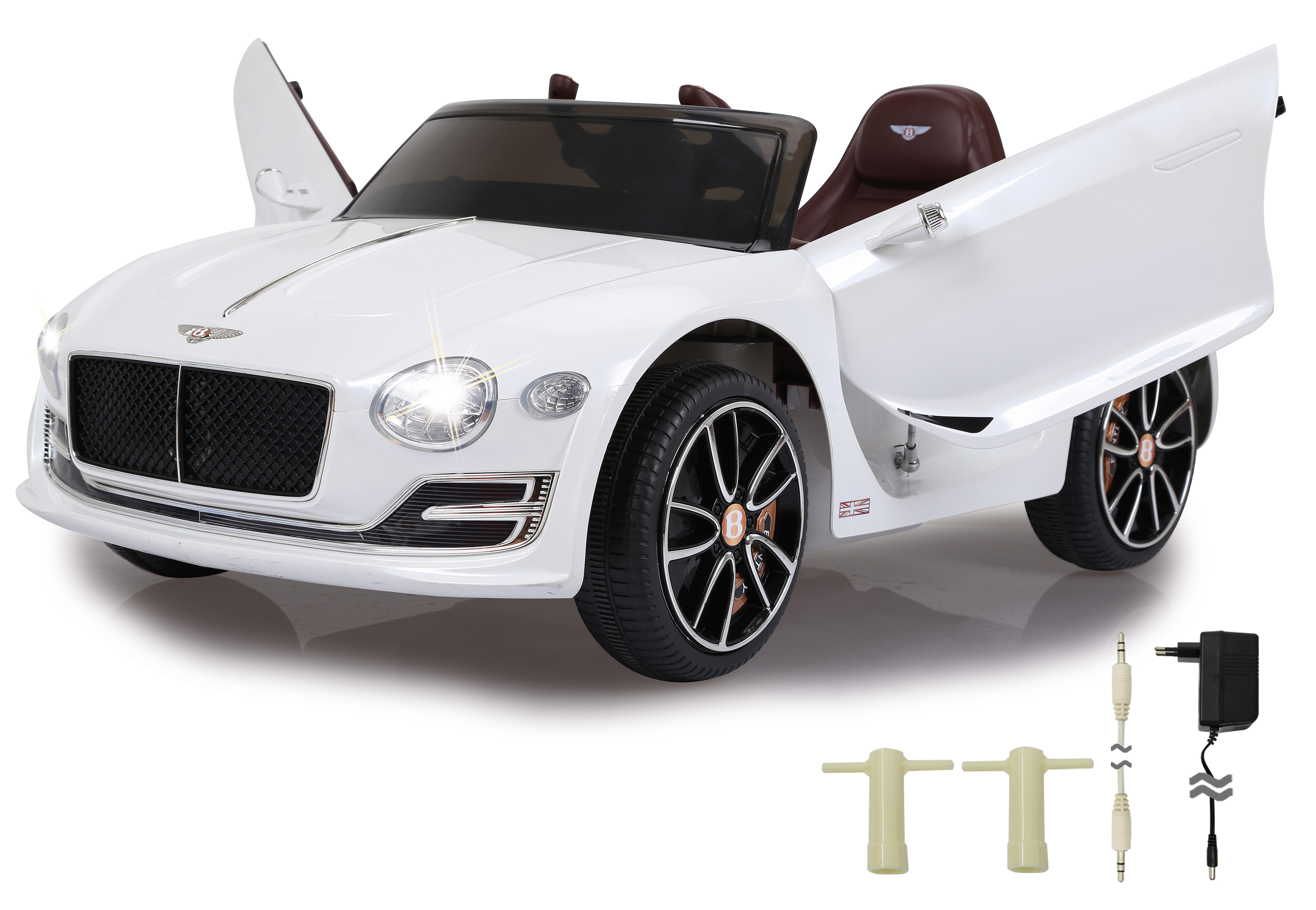 Auto giocattolo Bentley bianca con porte aperte e interni marroni. Include accessori.