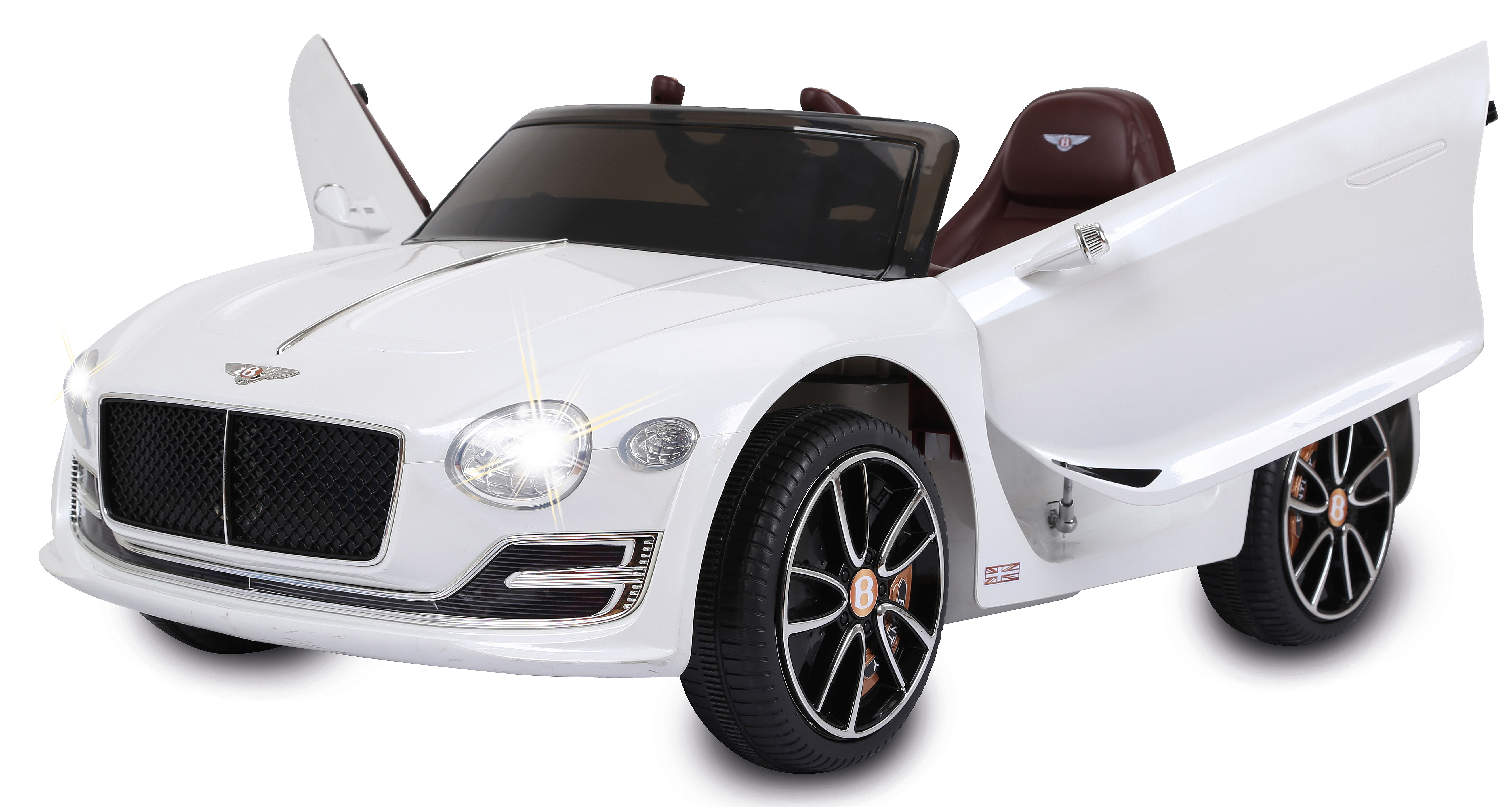 Un'auto giocattolo Bentley bianca con le porte aperte è su una superficie bianca. Ha ruote nere, sedili marroni e un parabrezza nero.