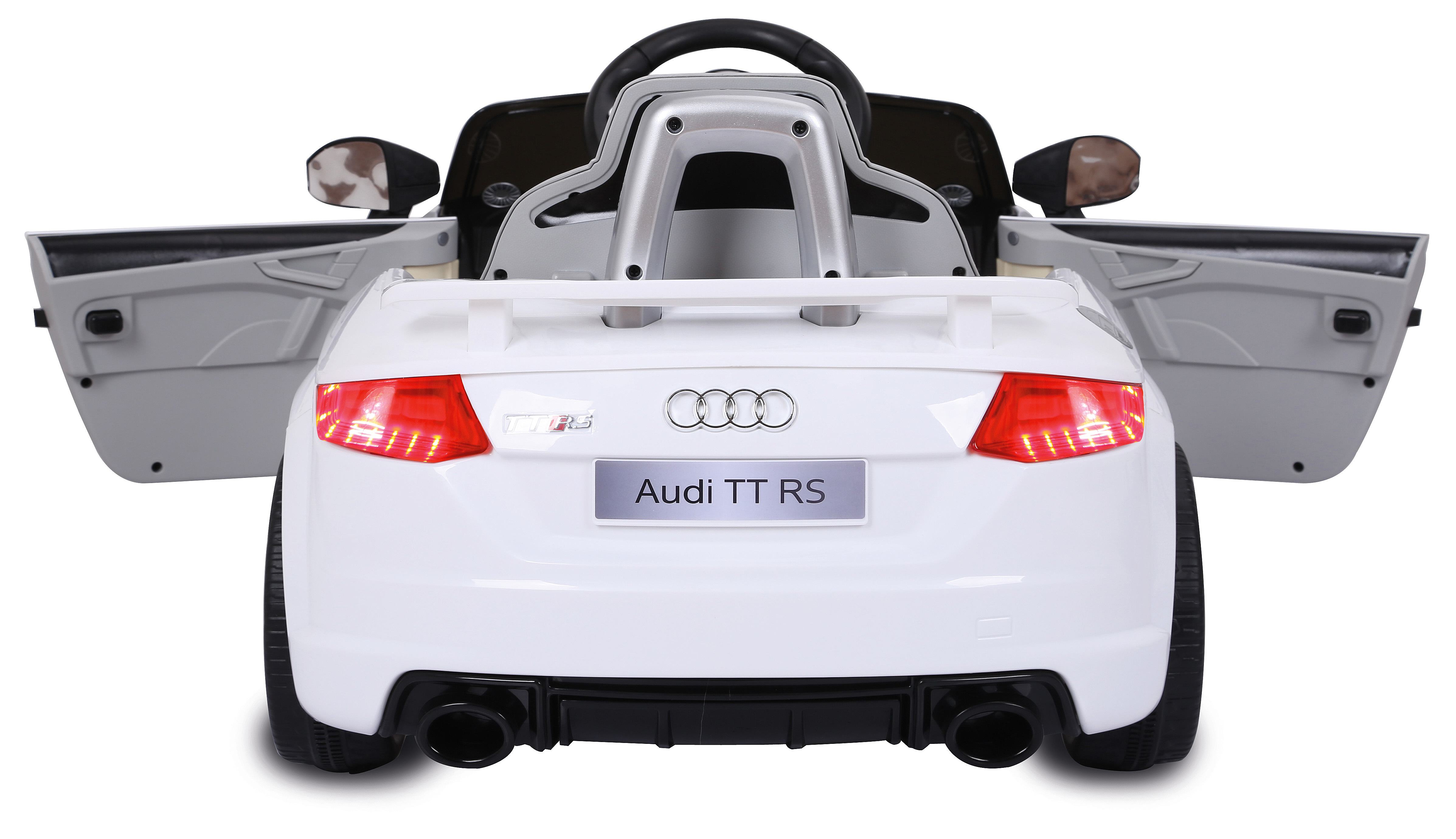 Un coche de juguete Audi TT RS blanco con las puertas abiertas. Tiene luces traseras rojas, tubos de escape negros y el logotipo de Audi.