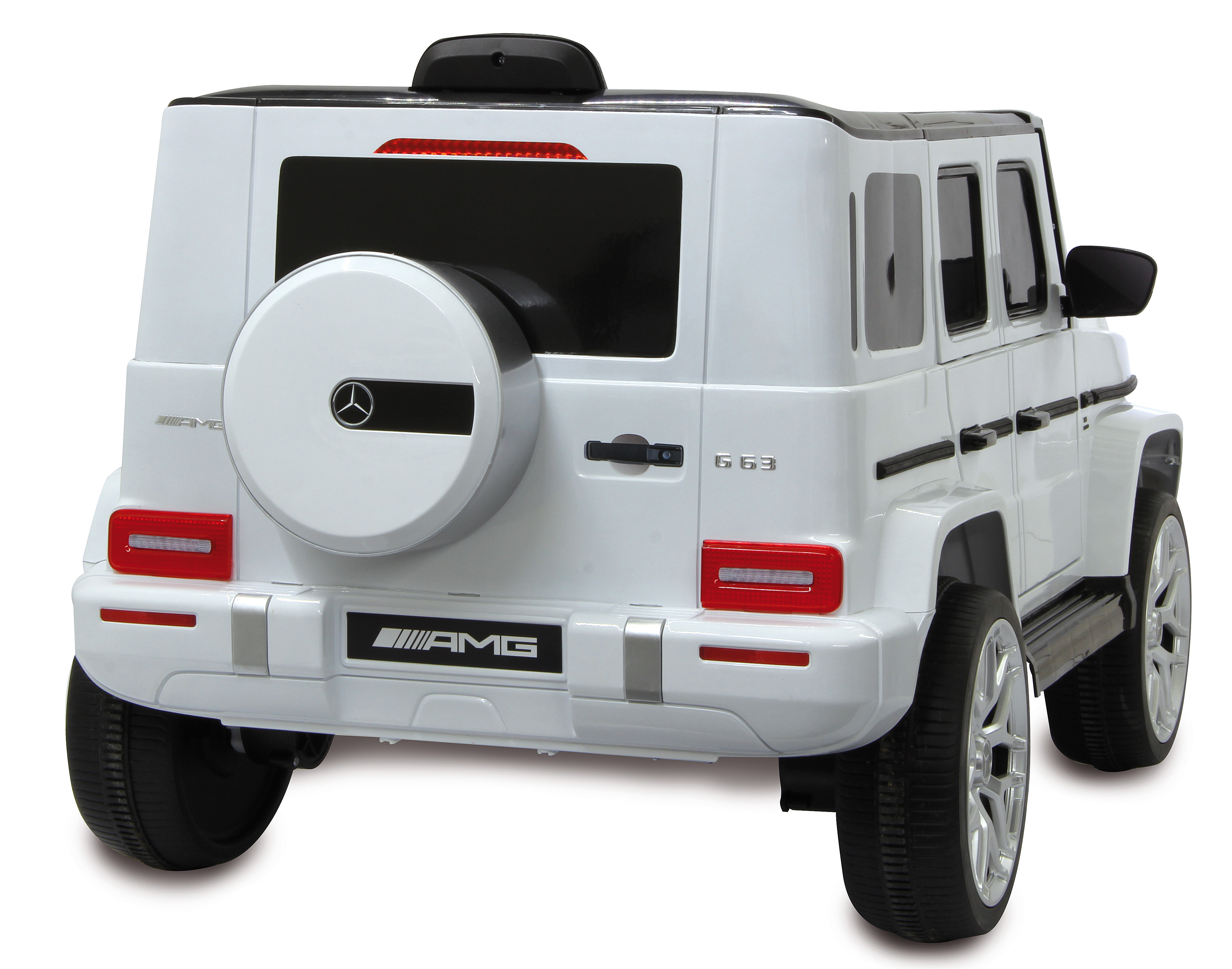 Ein weißes Spielzeugauto, ein Mercedes G63 AMG, Rückansicht. Enthält Reserverad, Rücklichter, AMG-Emblem und schwarze Fenster.