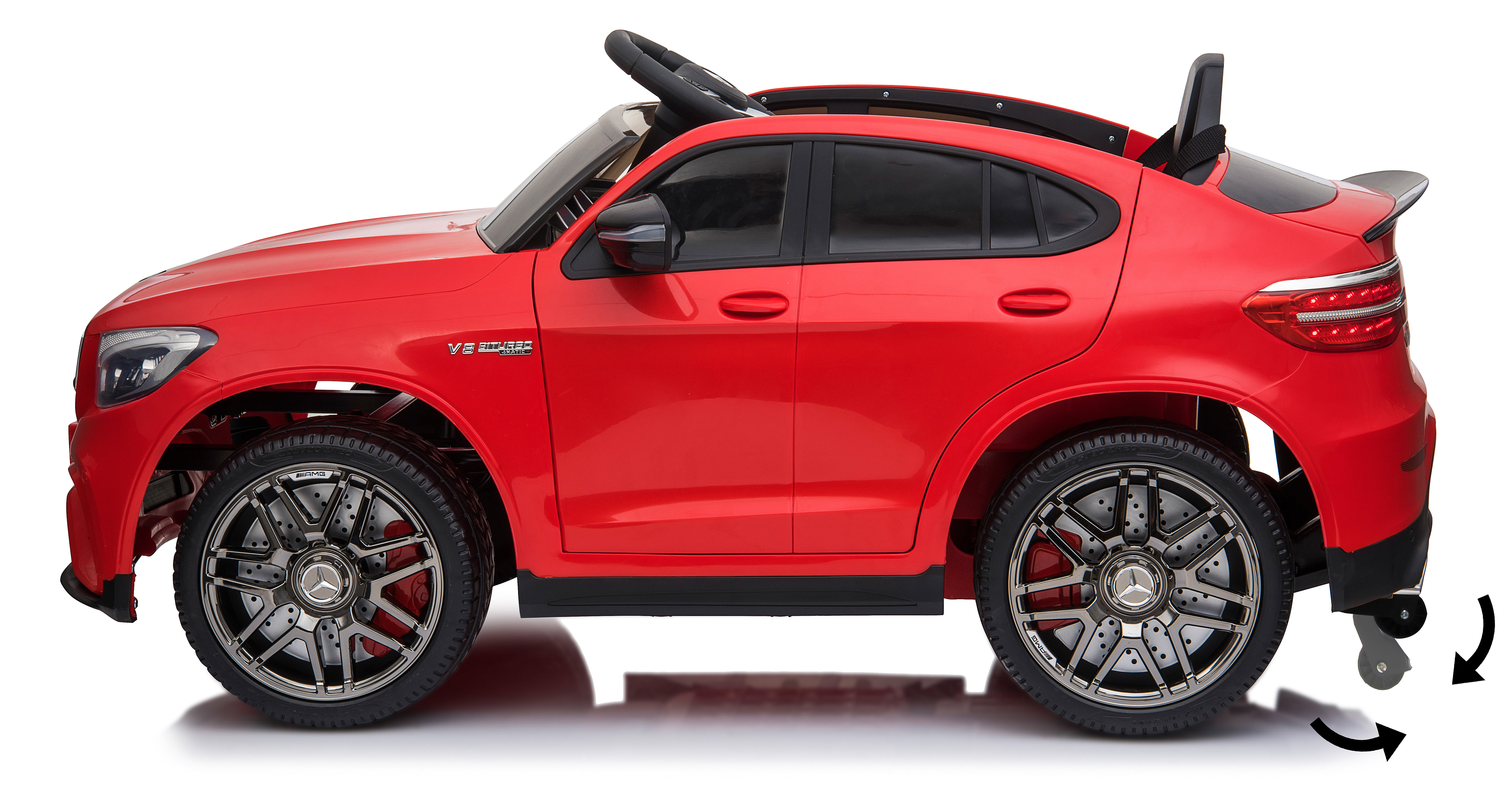 Ein rotes Spielzeugauto auf weißem Hintergrund. Es hat schwarze Räder und einen schwarzen Innenraum. Das Auto ist ein Mercedes-Replikat.