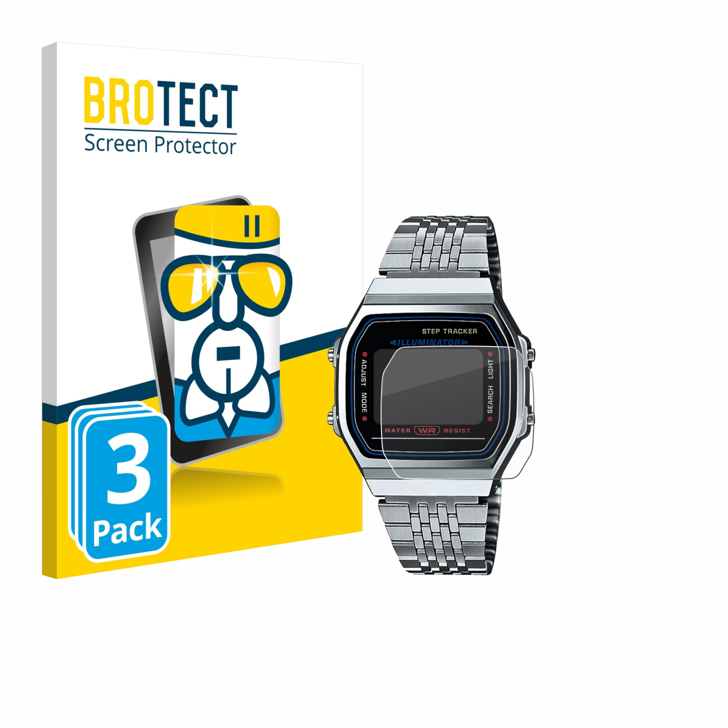 Eine Uhr mit Displayschutzfolie befindet sich neben einer Schachtel mit einem Displayschutzfolienbild und Text. Auf der Schachtel steht 'BROTECT Screen Protector'.