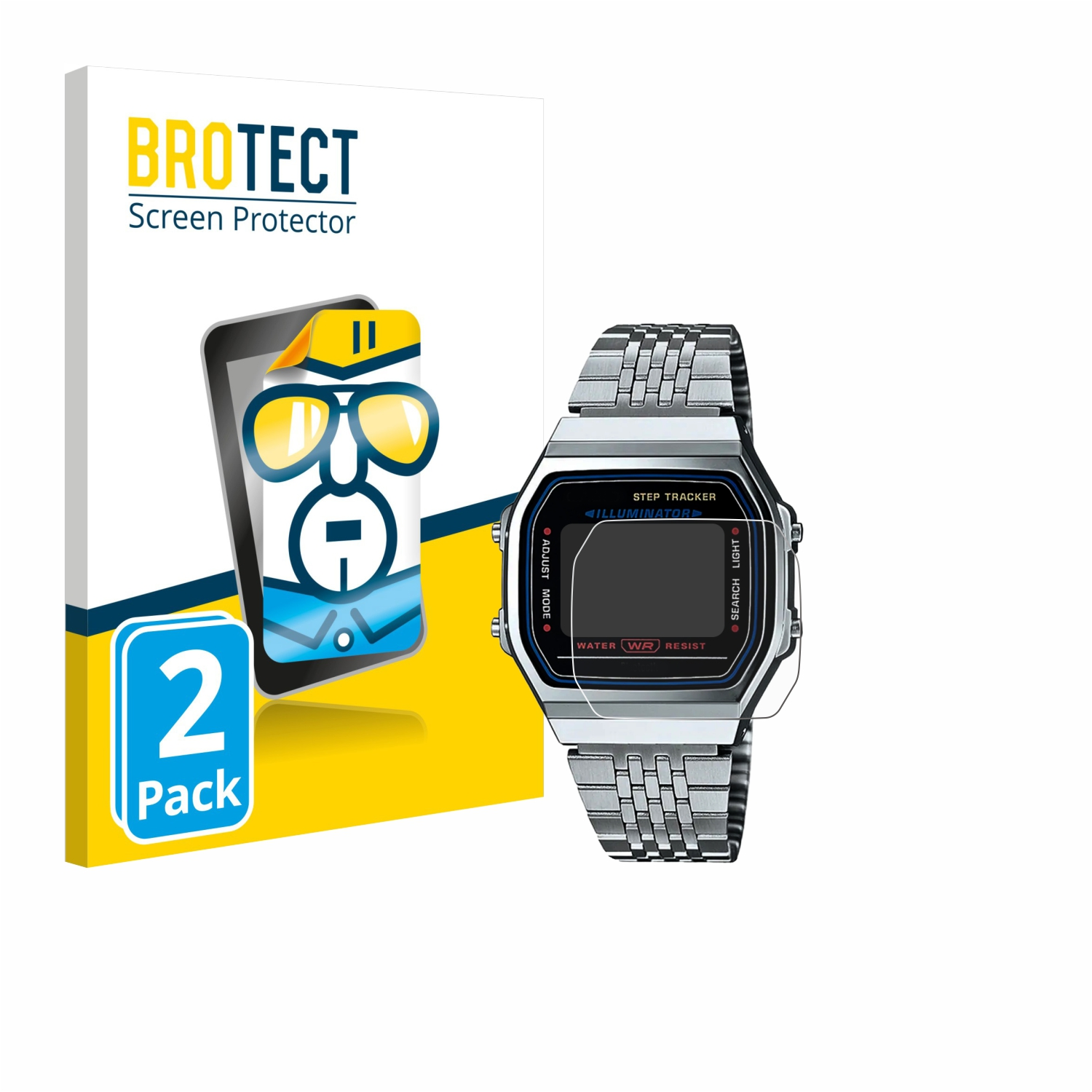 Eine Smartwatch mit Displayschutzfolie neben einer Displayschutzfolienverpackung. Auf der Verpackung steht BROTECT und 2 Pack.