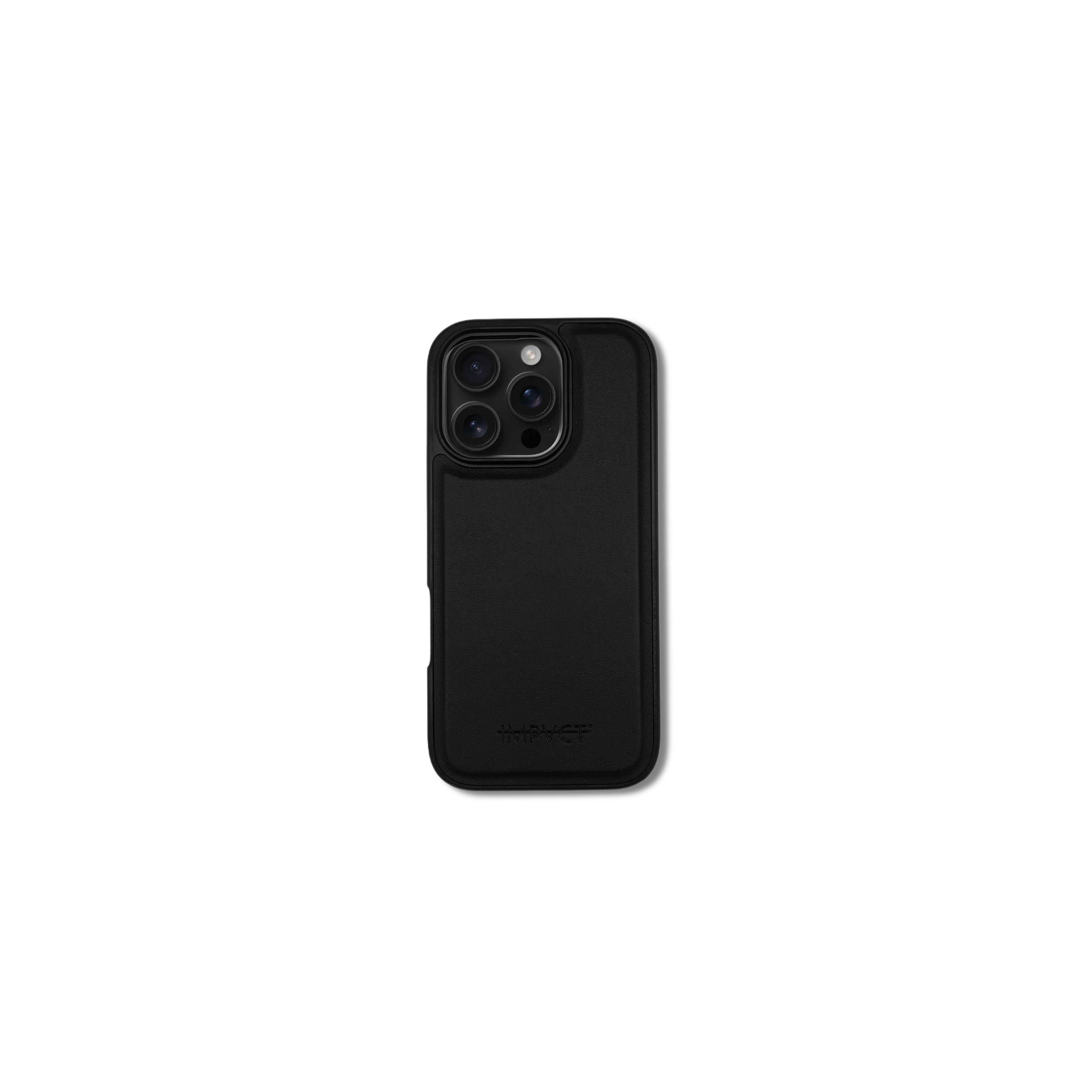 Una custodia nera per telefono con più obiettivi della fotocamera è centrata su sfondo bianco.