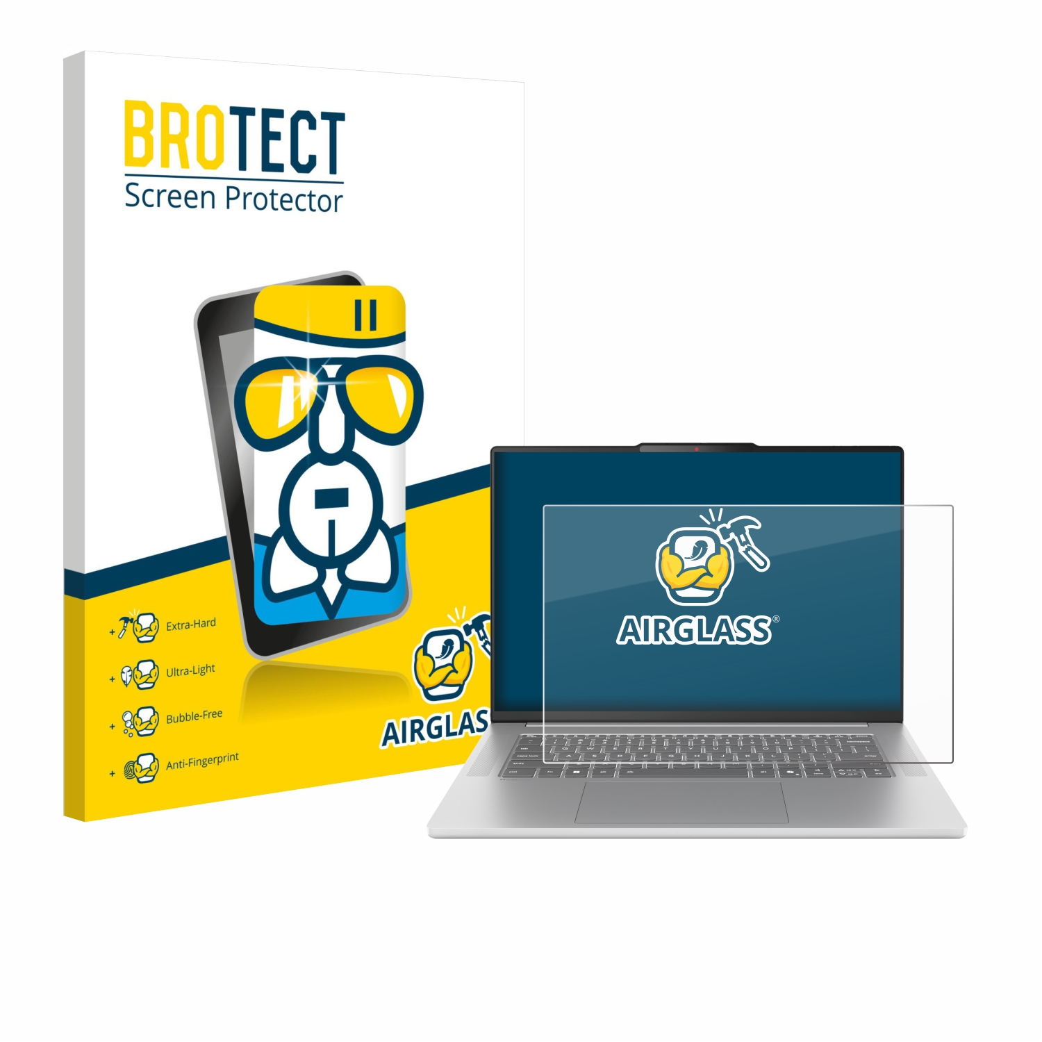 Laptop mit Displayschutzfolie. Links befindet sich eine Box mit BROTECT-Logo. Der Bildschirm zeigt das AIRGLASS-Logo.