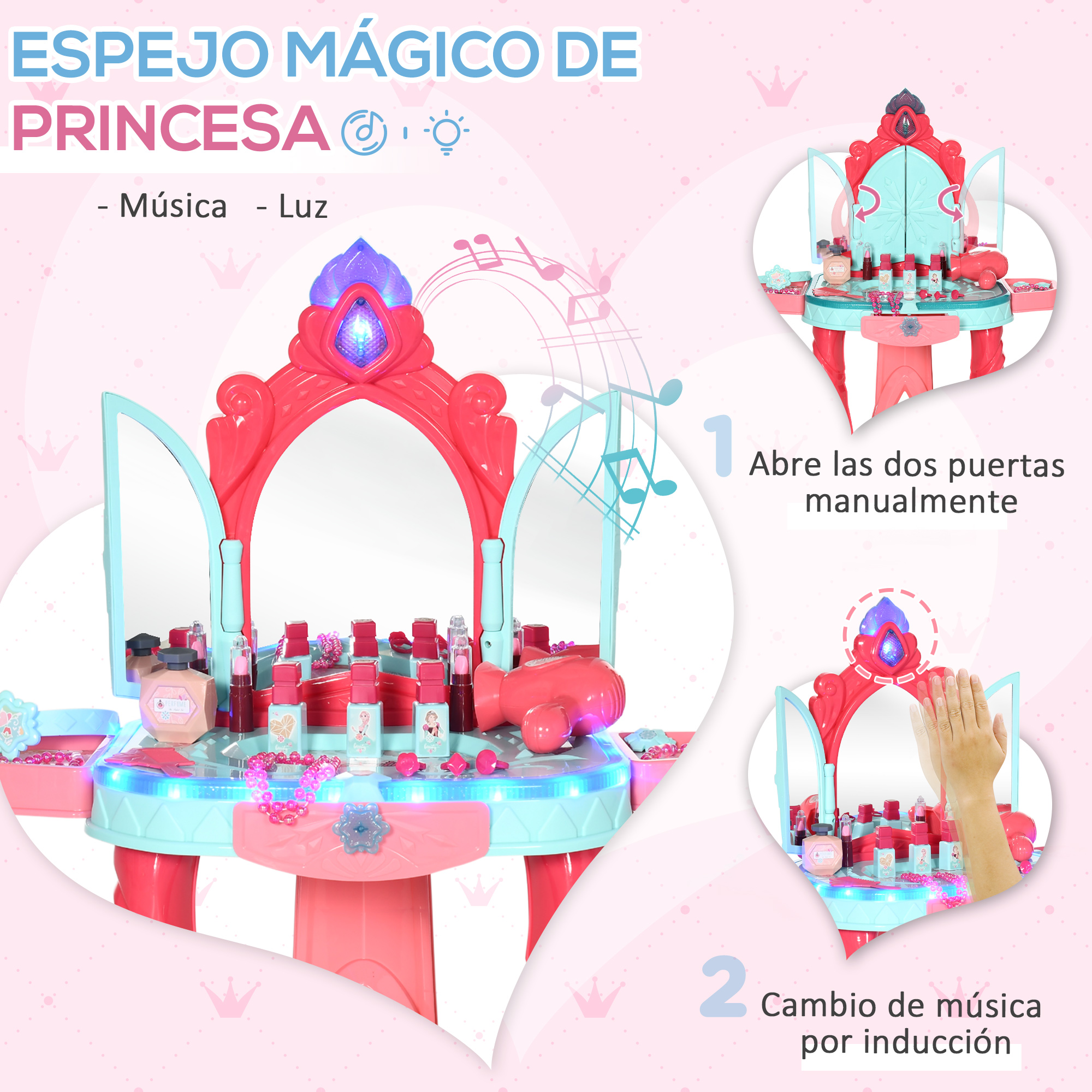 Un tocador rosa de princesa con espejo, maquillaje y accesorios. Incluye funciones de música y luz.