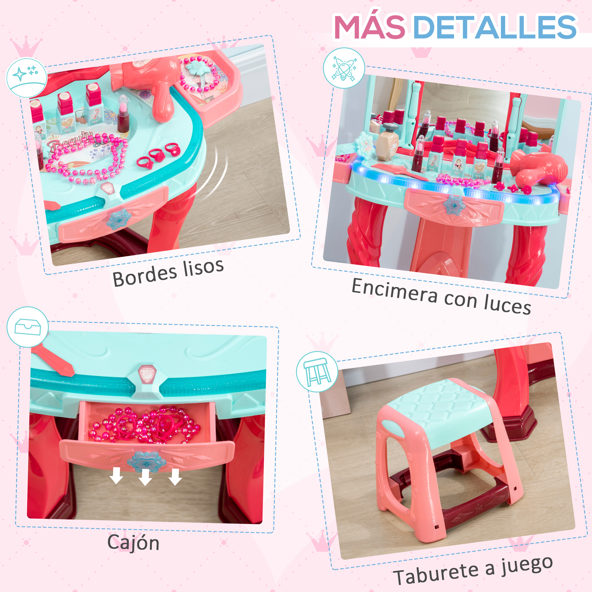Un tocador de juguete en rosa y azul. Incluye una mesa con accesorios y un taburete. El conjunto está sobre fondo rosa.