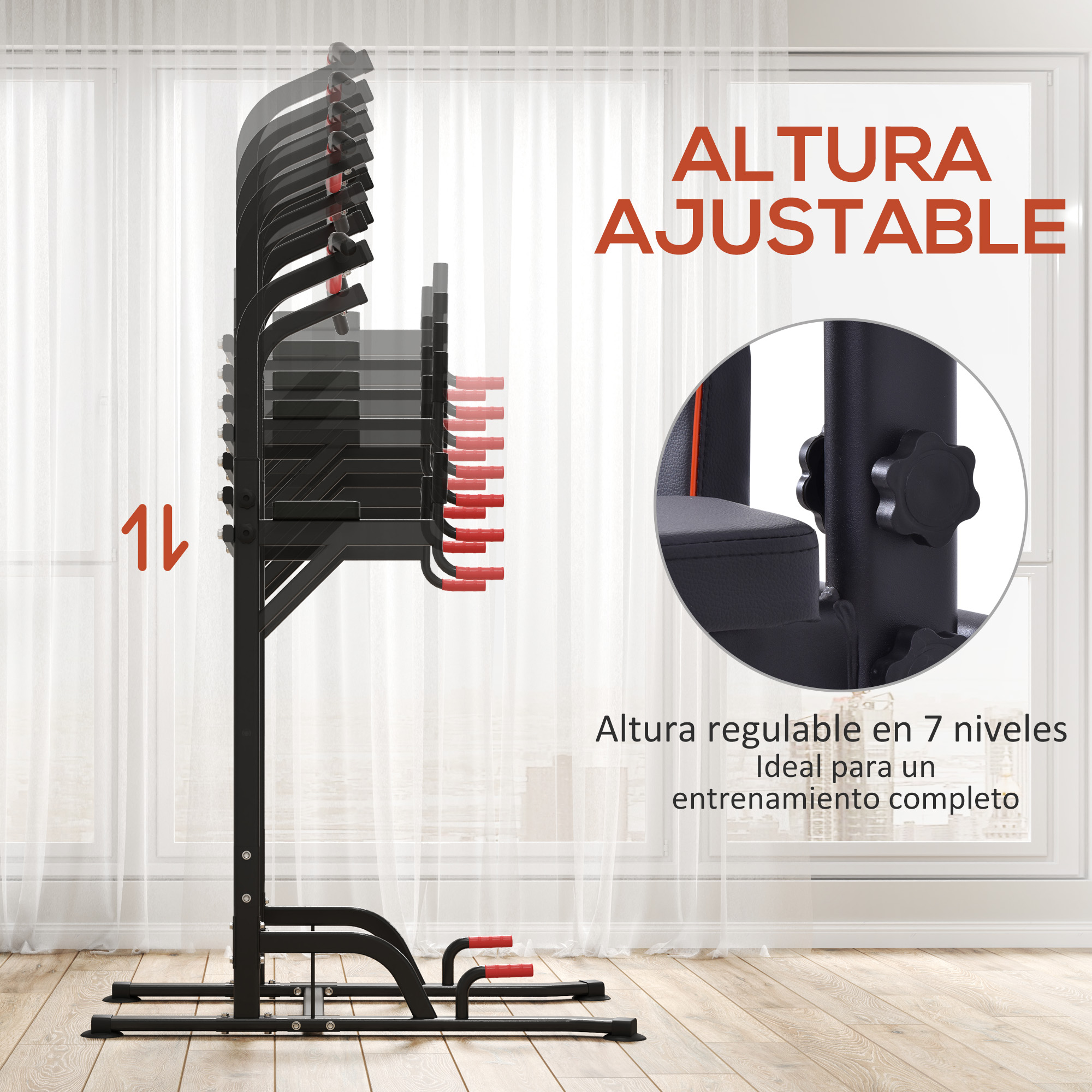 Equipo de gimnasio ajustable con asas rojas. Texto: Altura ajustable, ideal para un entrenamiento completo. Un ventana en el fondo.