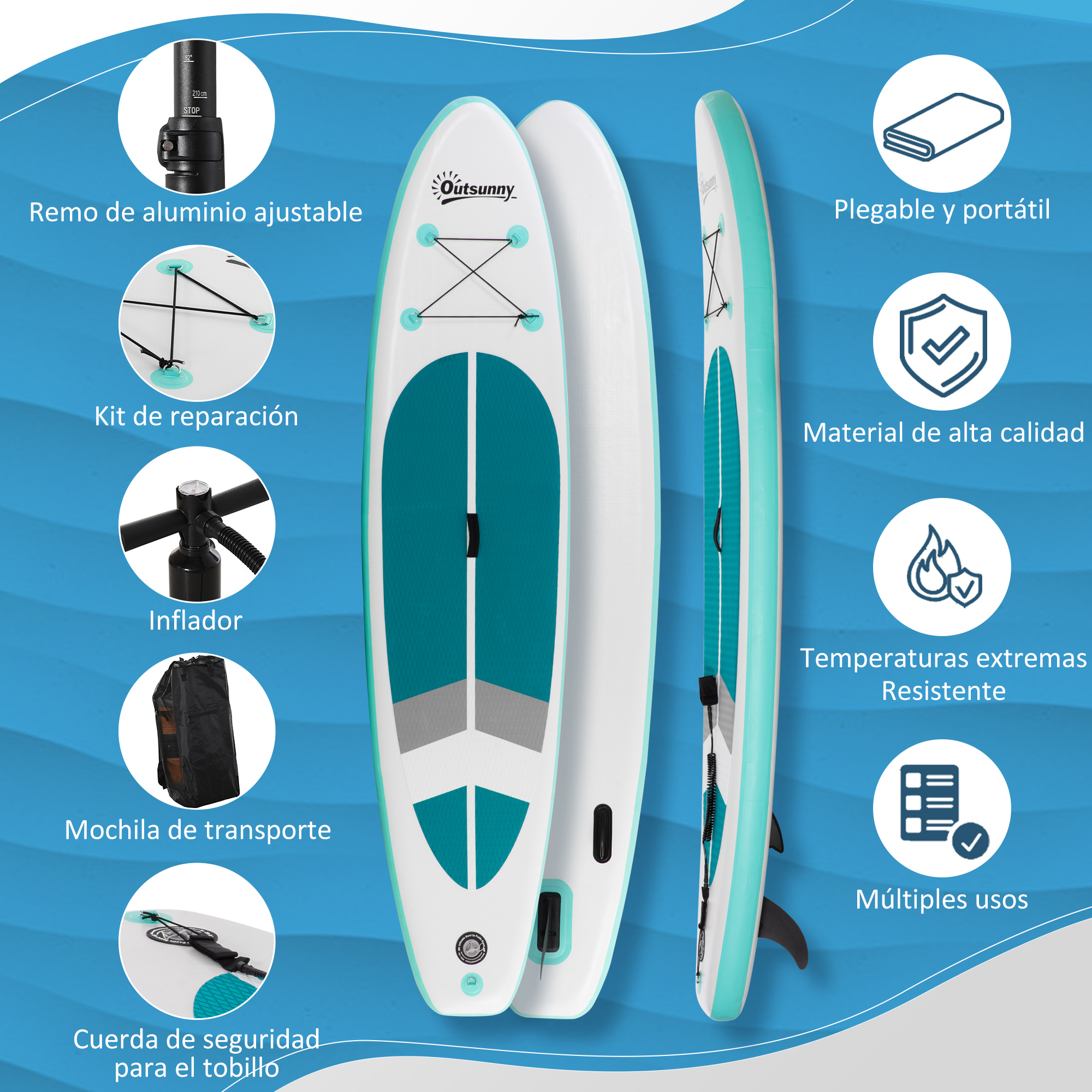 Tablas de paddle surf blancas y turquesas con accesorios. Incluye remo ajustable de aluminio, kit de reparación, inflador y bolsa.