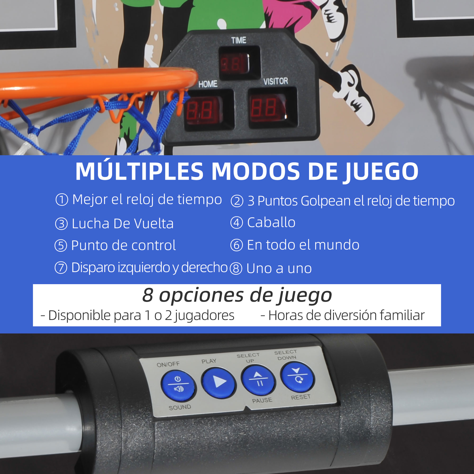 Juego de baloncesto con aro naranja, marcador digital y opciones de juego en español. El panel de control tiene botones.