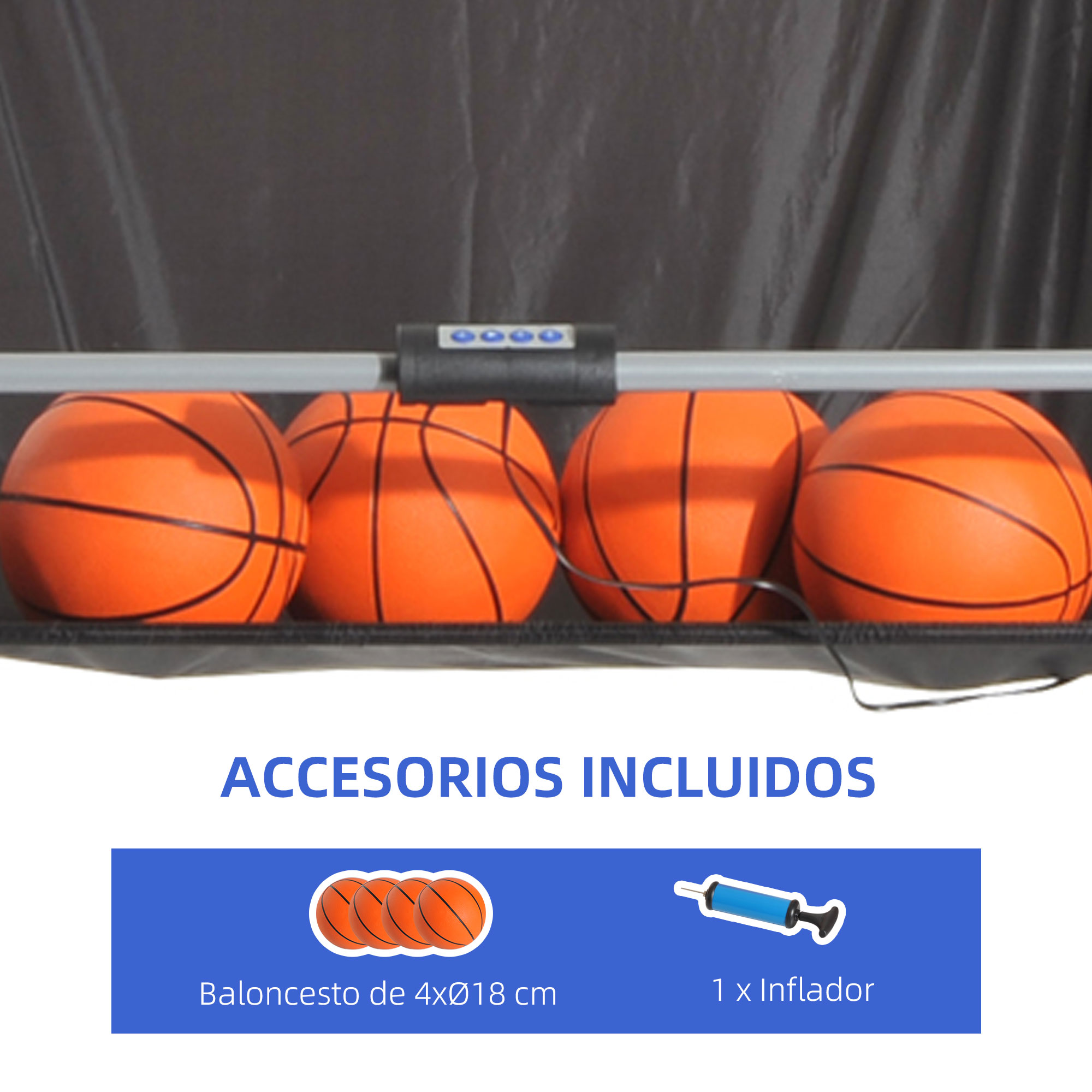 Cuatro balones de baloncesto naranjas con líneas negras en fila. Accesorios incluidos: 4 balones y 1 inflador, escrito en español.