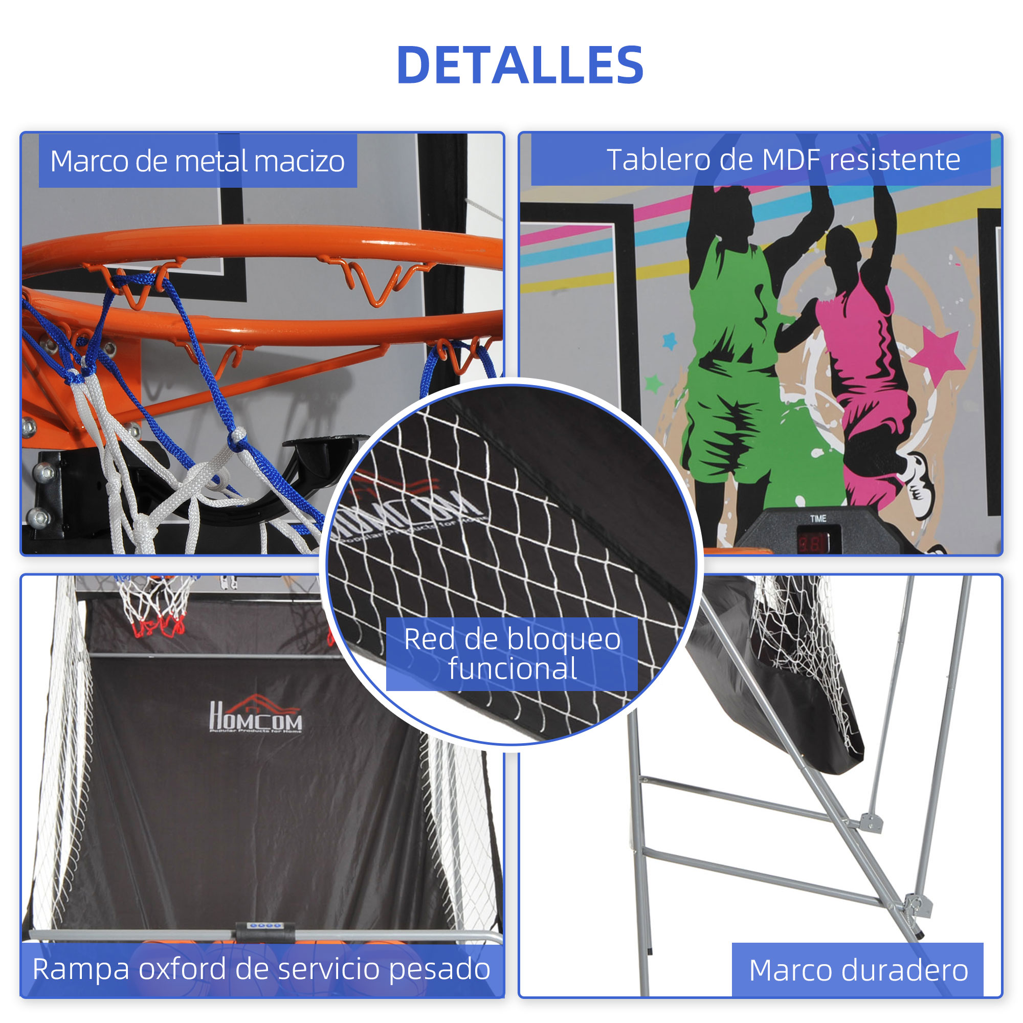 Detalles de un sistema de entrenamiento de baloncesto. Incluye marco de metal, tablero MDF, red funcional, rampa Oxford y marco duradero.