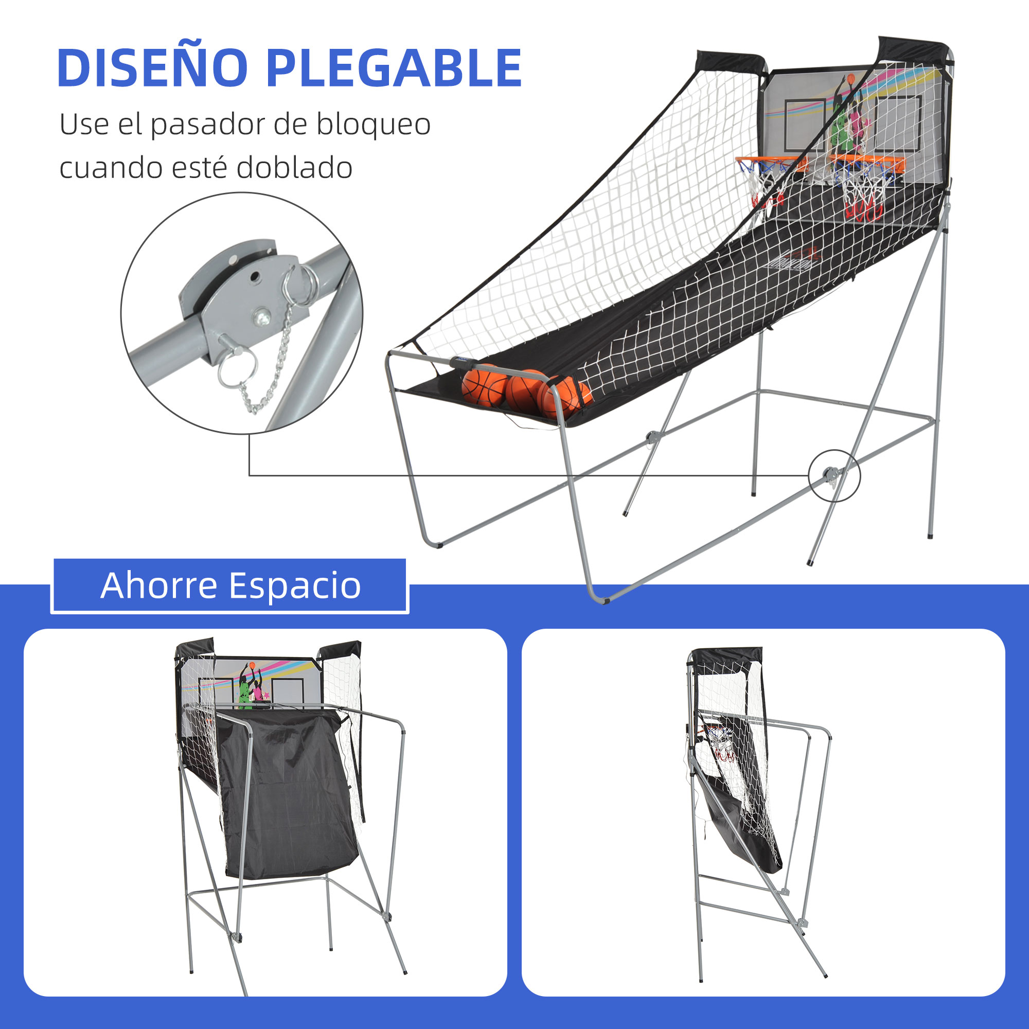 Juego de arcade de baloncesto. Cuenta con una red, tablero y balones. Muestra un primer plano del mecanismo de plegado y el montaje plegado.