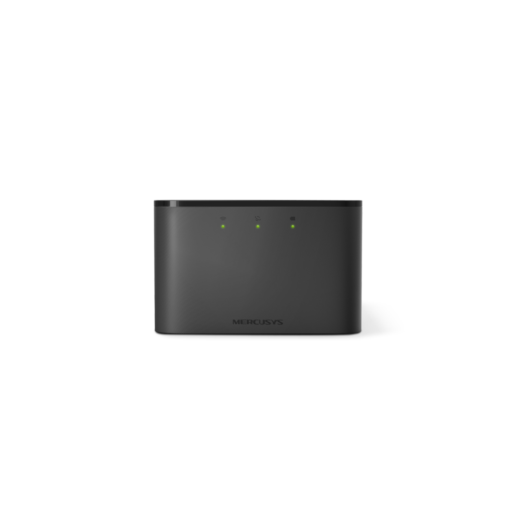 Un router Mercusys nero è centrato su uno sfondo bianco. Tre luci verdi sono visibili sulla parte superiore del dispositivo.