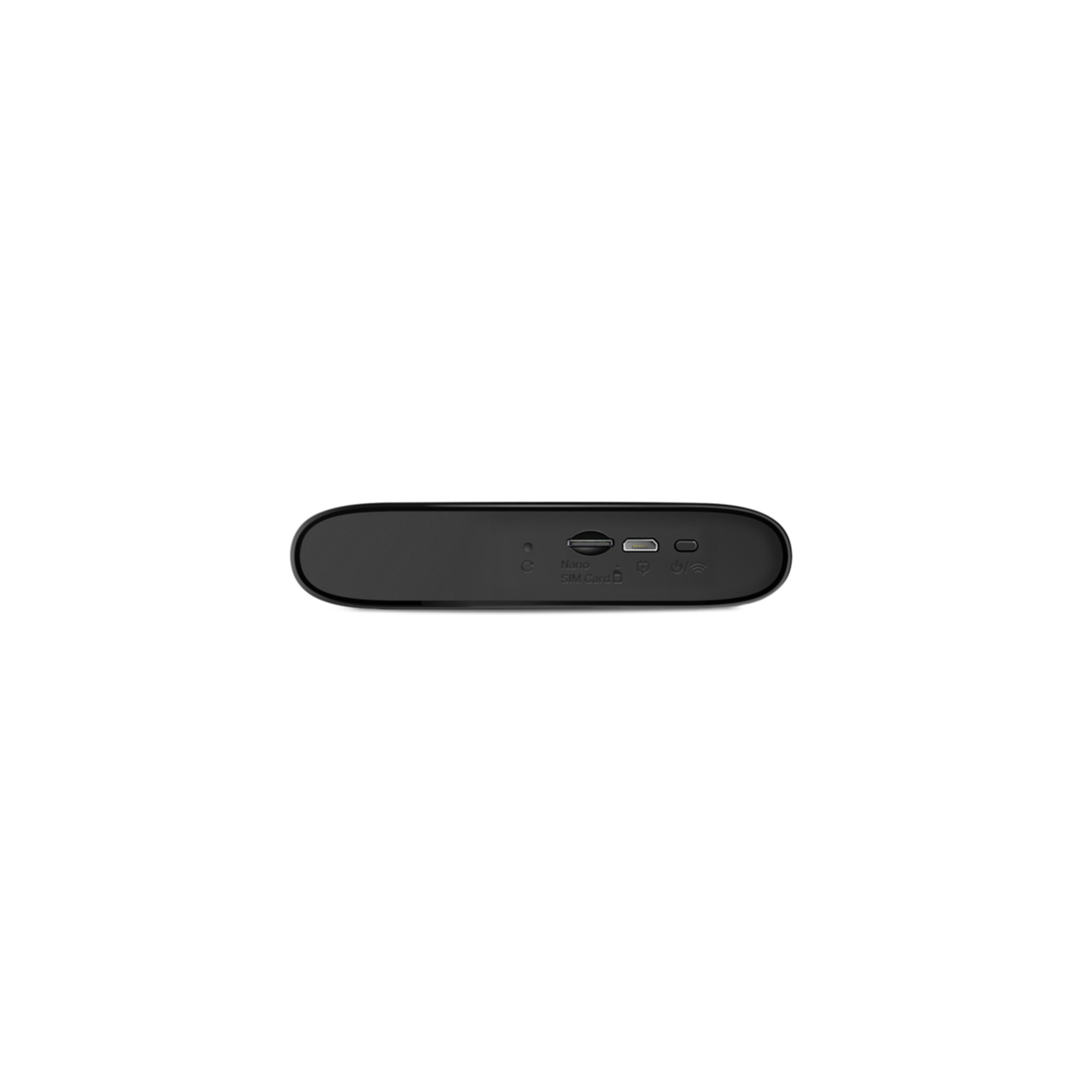 Un dispositivo nero e arrotondato con porte e spie è centrato su uno sfondo bianco.