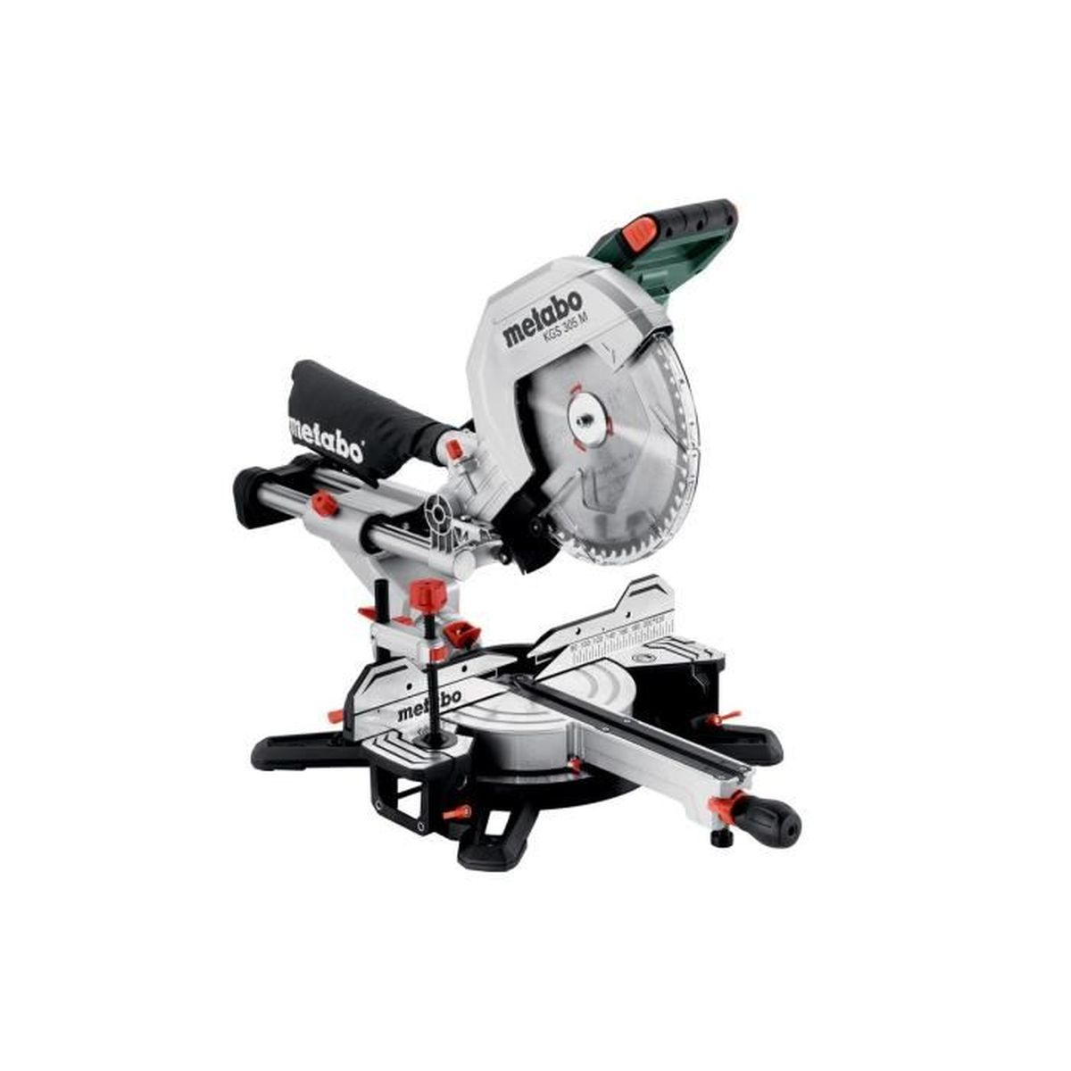 Een Metabo KGS 305 M verstekzaag. Het is zilver en zwart met een cirkelzaagblad, ontworpen voor het zagen van hout en andere materialen.