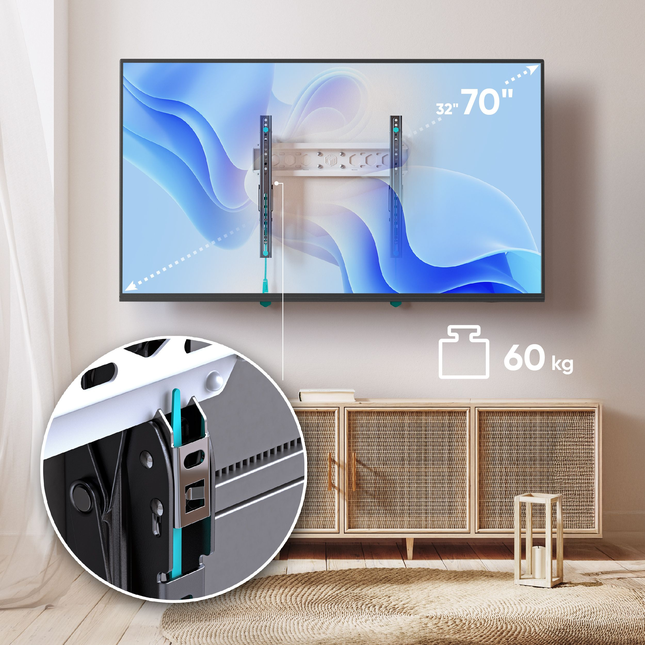 Telewizor zamontowany na ścianie. Zawiera wsporniki, szafkę, dywan i dekoracyjny świecznik. Zbliżenie wspornika.