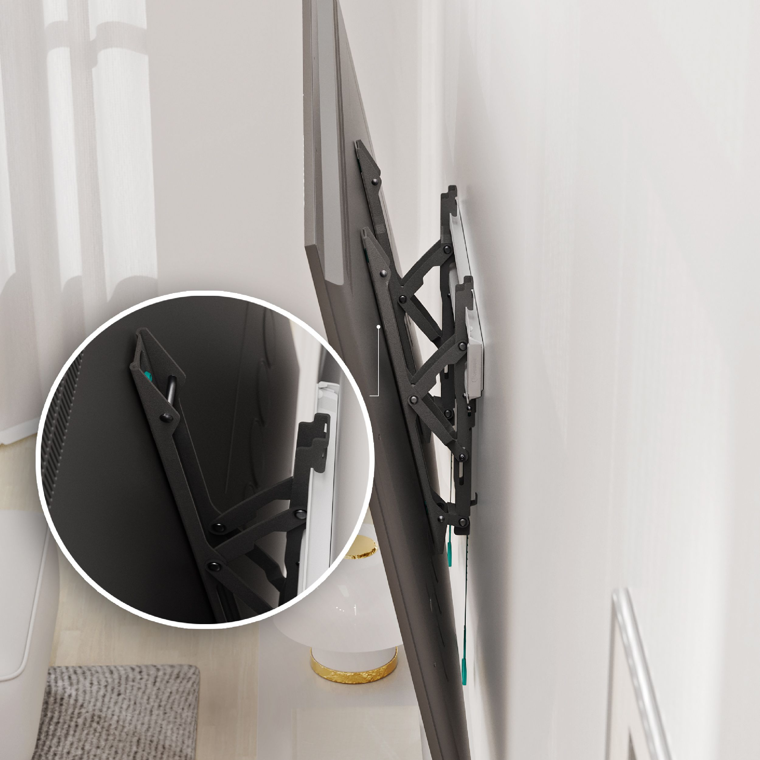 Telewizor zamontowany na ścianie z czarnym, przegubowym ramieniem. Zbliżenie pokazuje mechanikę.