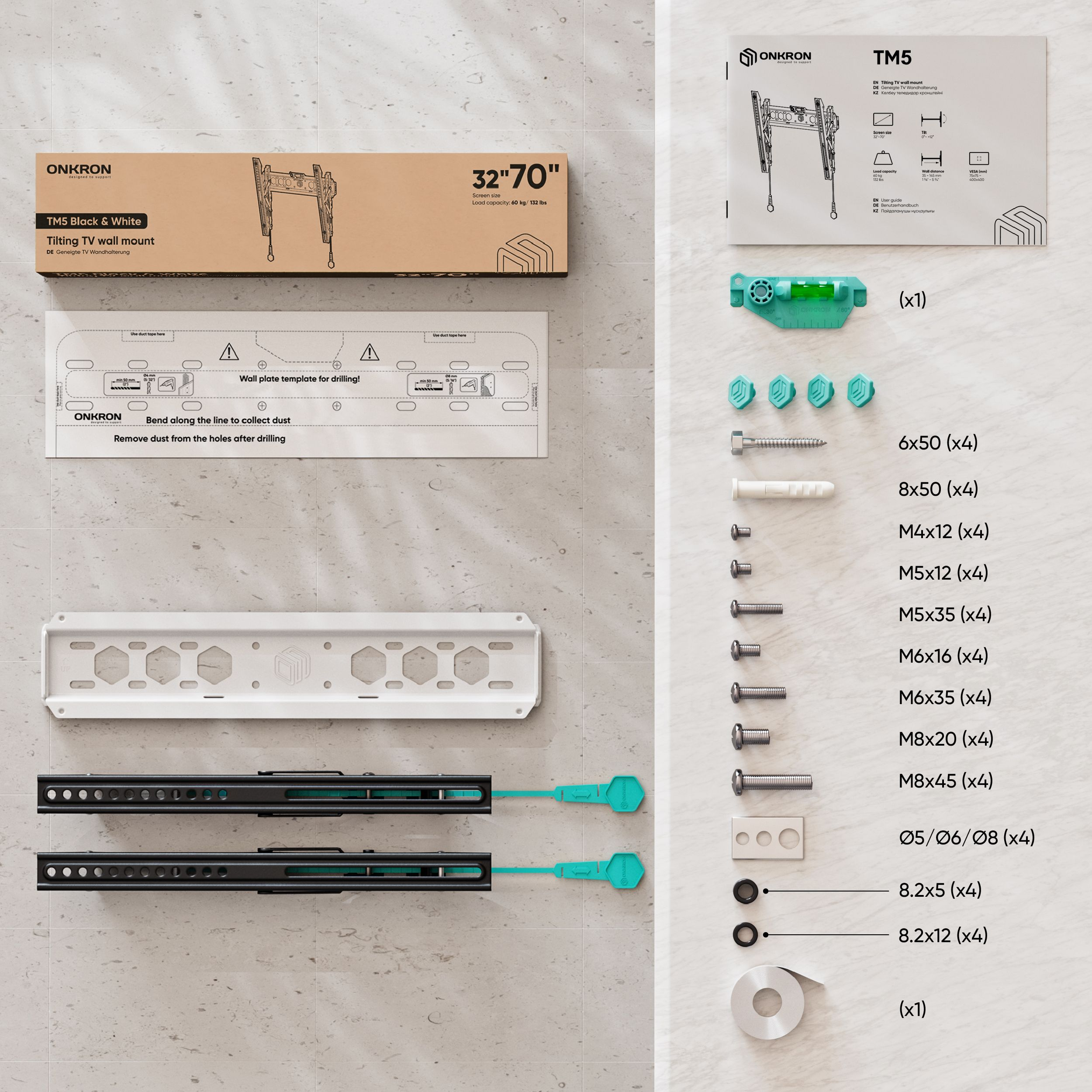 Obraz pokazuje elementy zestawu do montażu ściennego TV. Zawiera wsporniki, śruby, poziomicę i instrukcje.