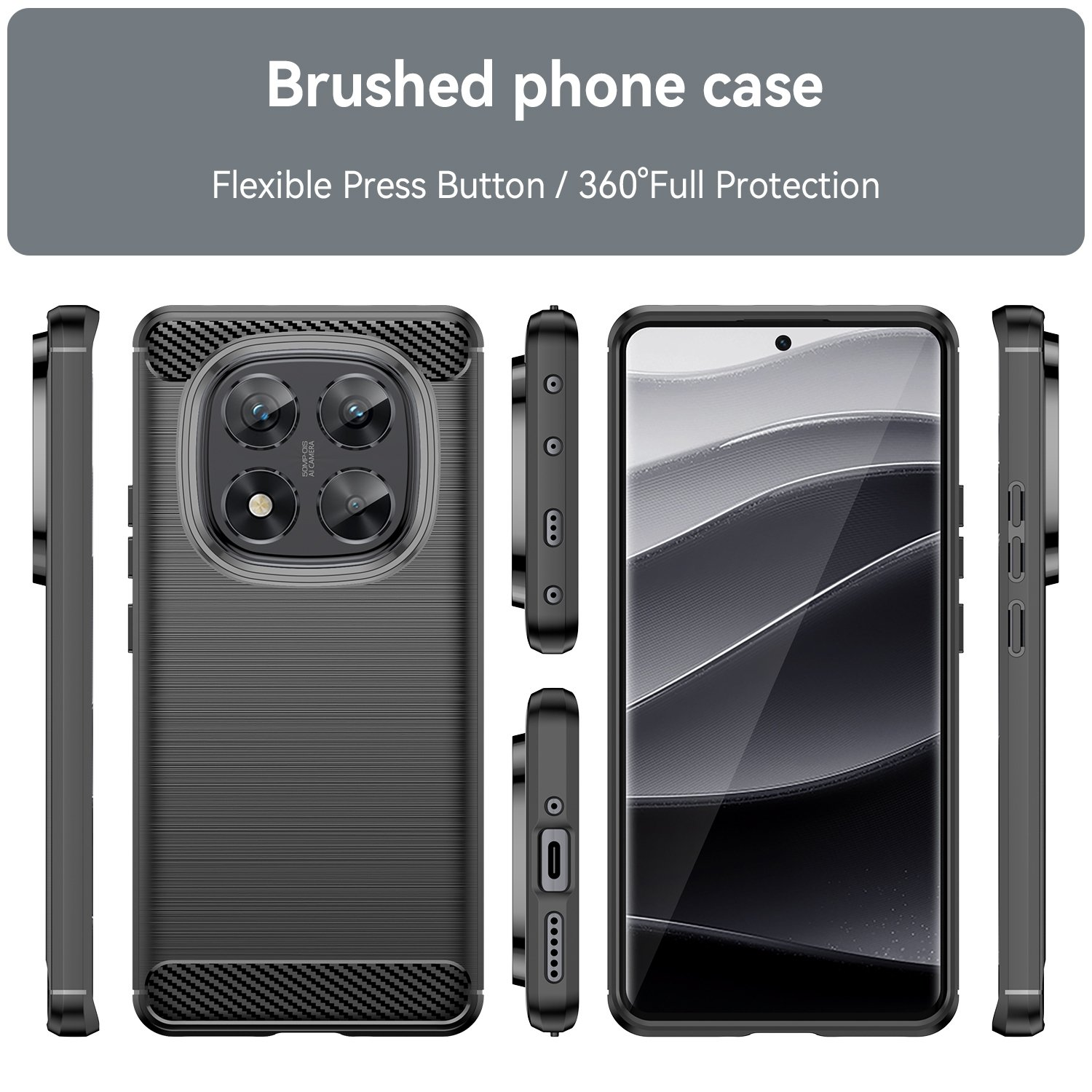 Funda de teléfono negra con textura cepillada y recortes para la cámara. Incluye vistas laterales. Texto: Funda cepillada, Protección total 360°.