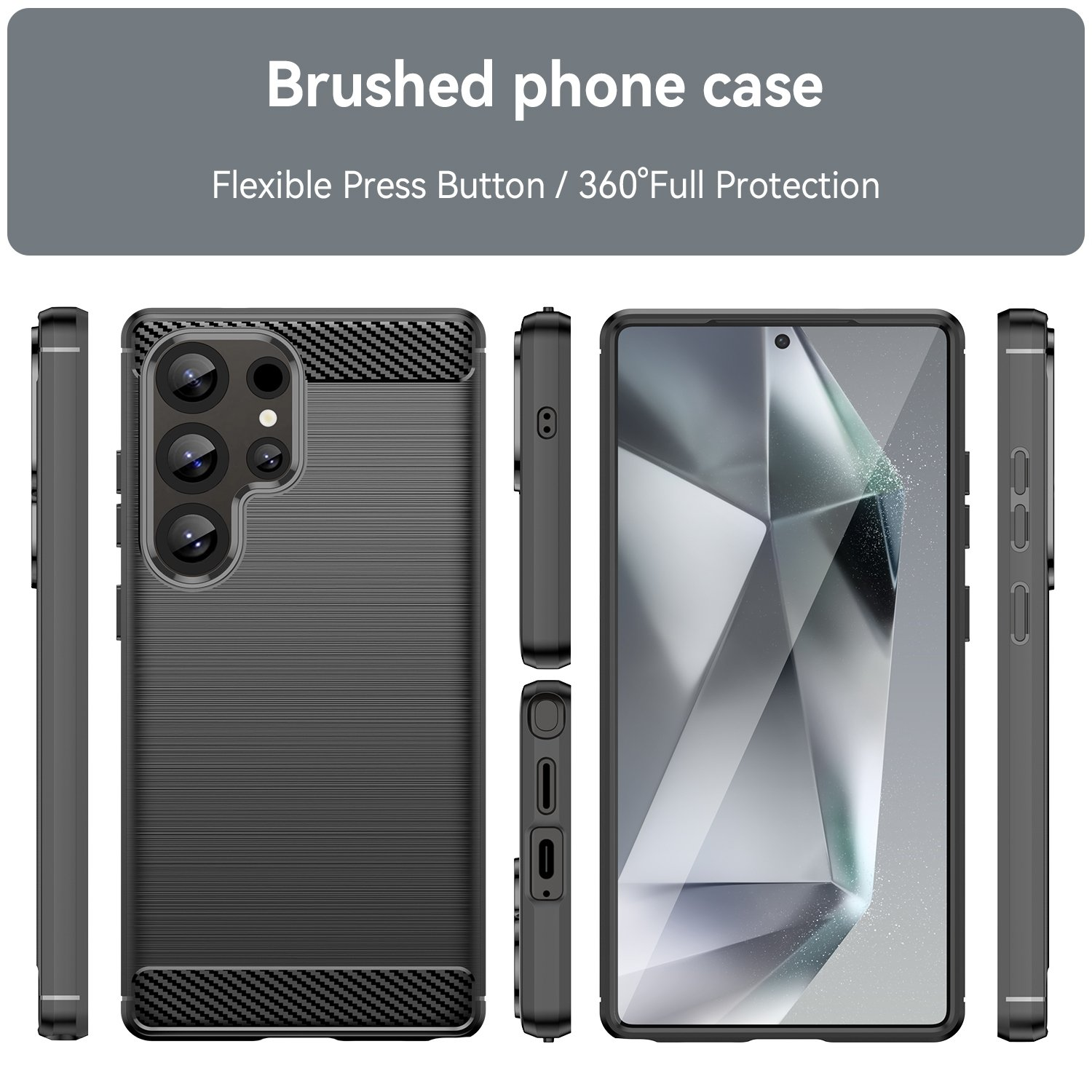 Una funda de teléfono negra con textura cepillada, mostrada desde múltiples ángulos, incluyendo la parte delantera, trasera y laterales.