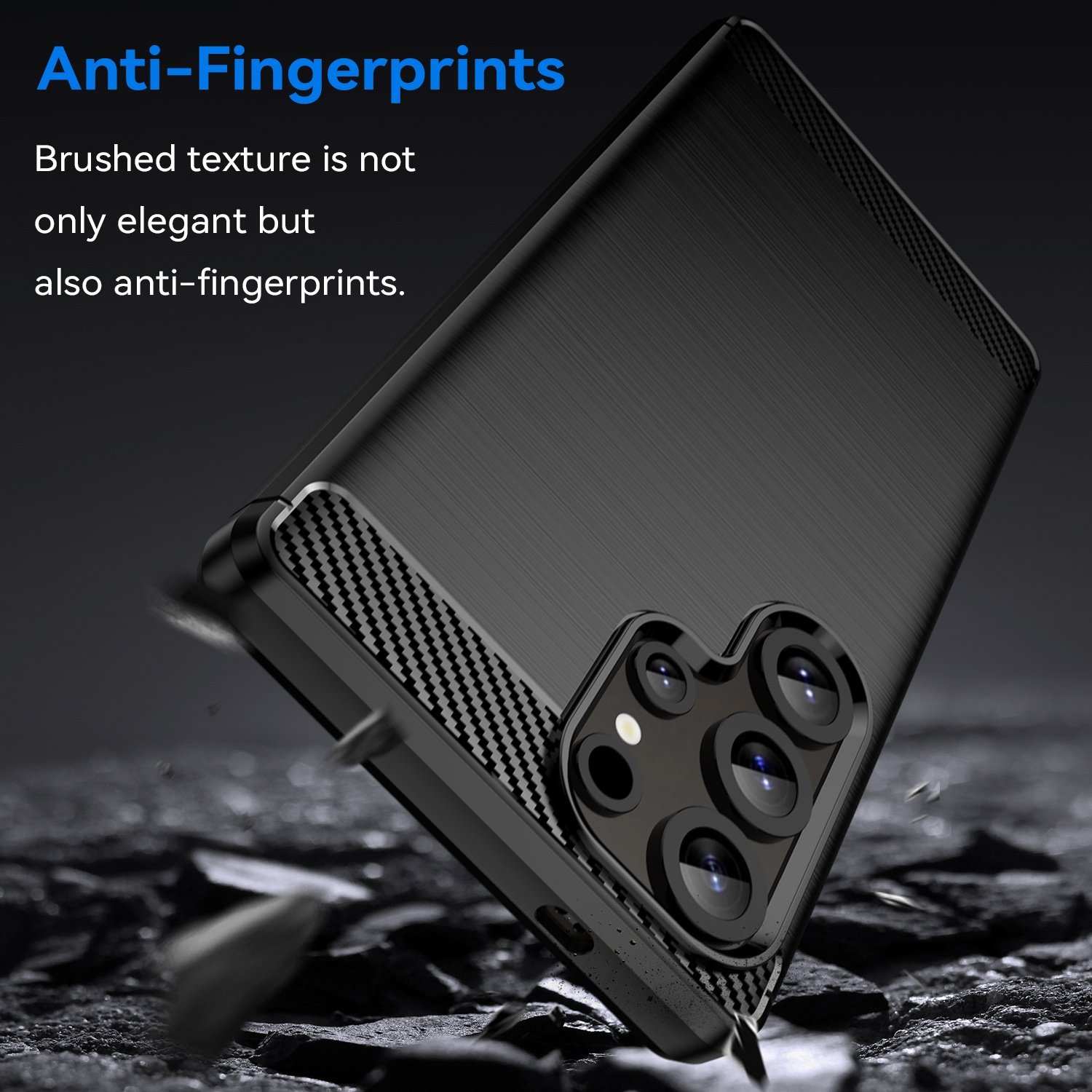 Funda negra para teléfono con textura cepillada y múltiples lentes de cámara. La funda cae, con texto 'Anti-Fingerprints'.