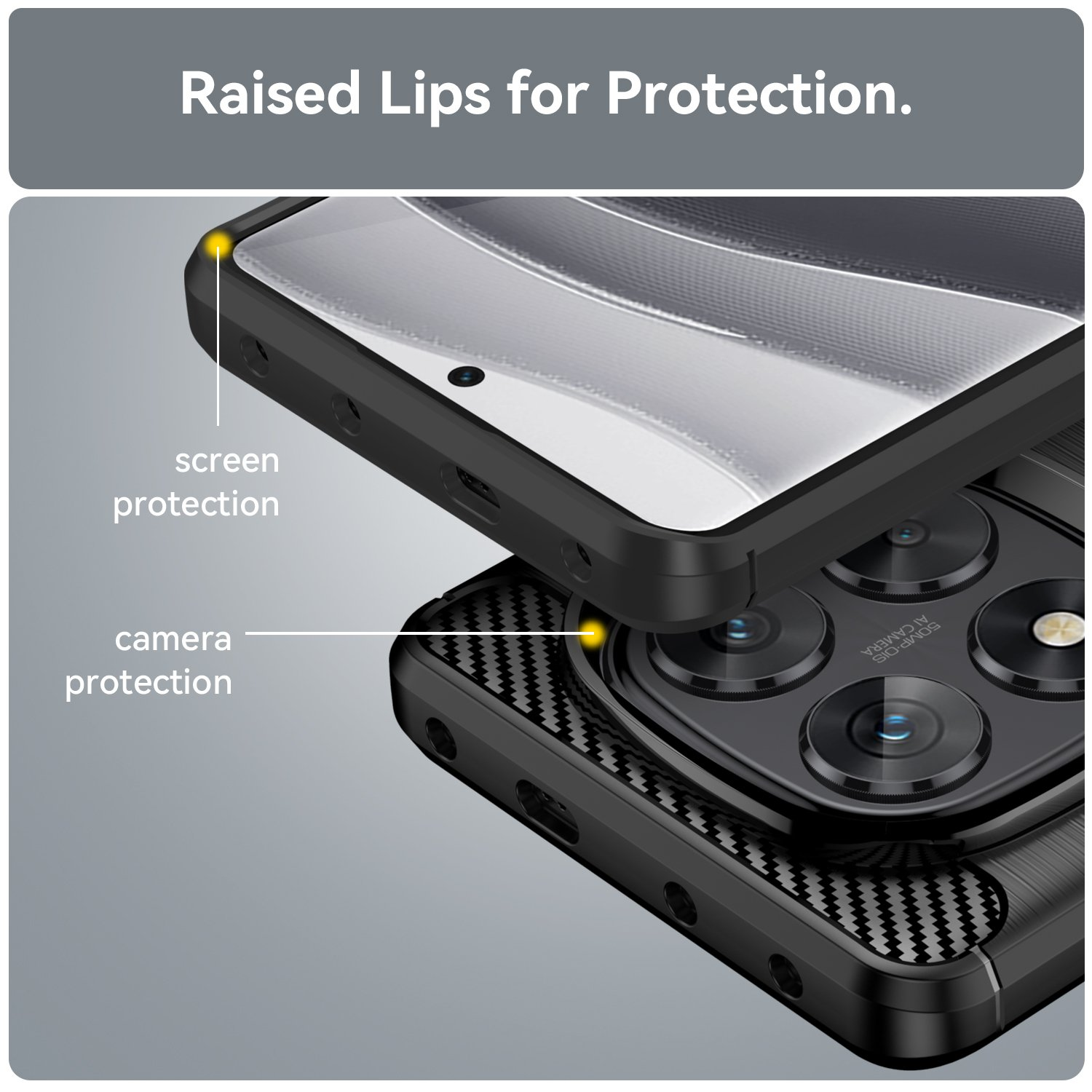 Primer plano de una funda negra para teléfono con bordes elevados para proteger la pantalla y la cámara. Fondo gris.