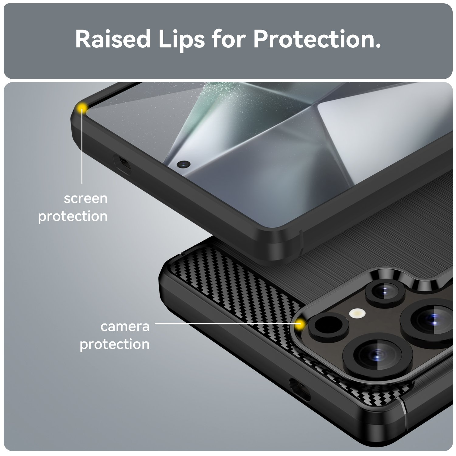 Primer plano de una funda negra para teléfono, que muestra la protección de la pantalla y la cámara. Texto: Bordes elevados para protección. Fondo gris.