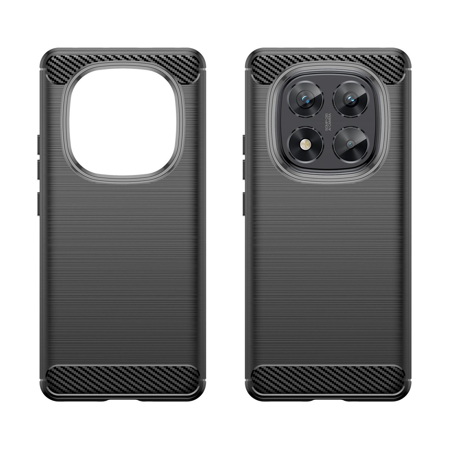 Dos fundas negras para teléfono. Una tiene un área abierta para la cámara, la otra tiene cuatro lentes. Ambas tienen detalles de fibra de carbono.
