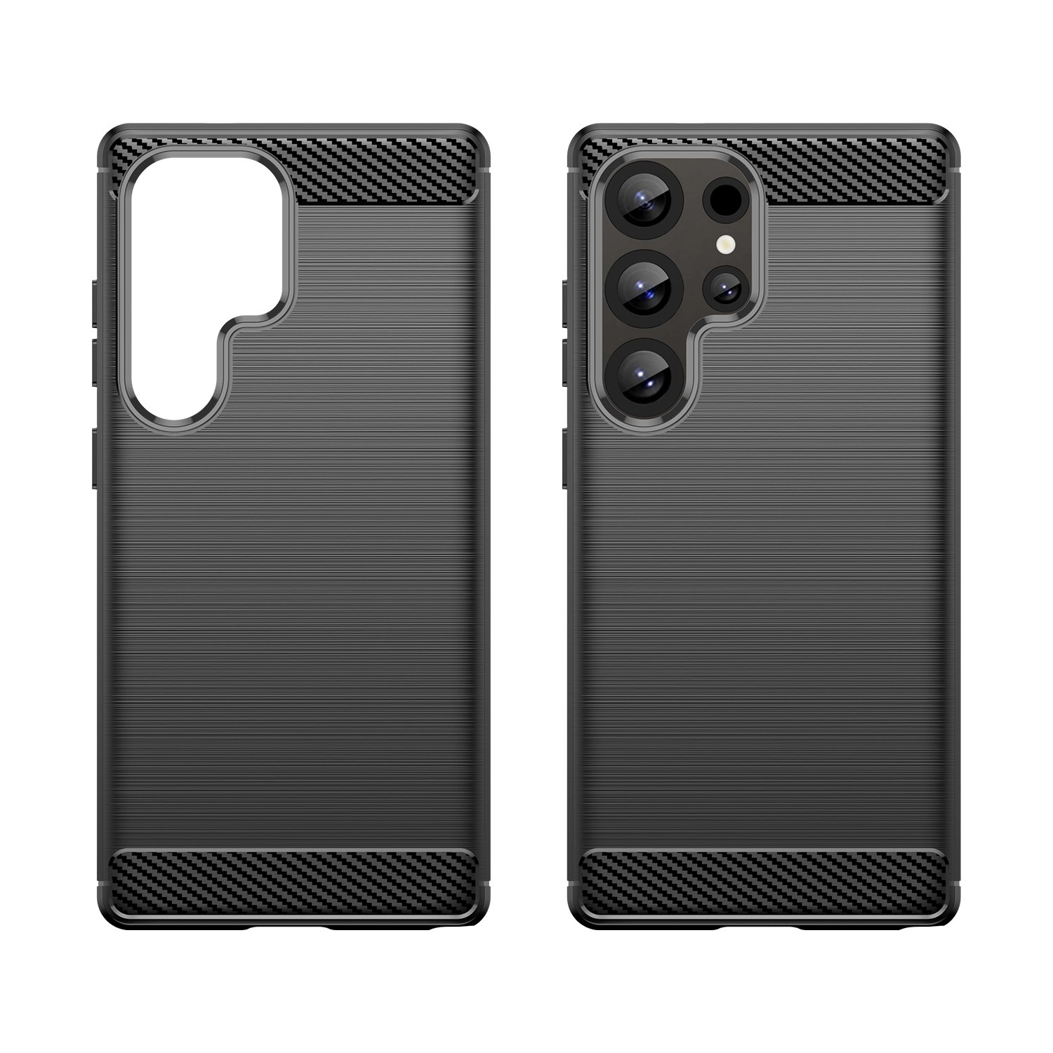 Dos fundas negras para teléfono. Una vacía, otra con cámaras. Ambas tienen superficies texturizadas y detalles de fibra de carbono sobre fondo blanco.