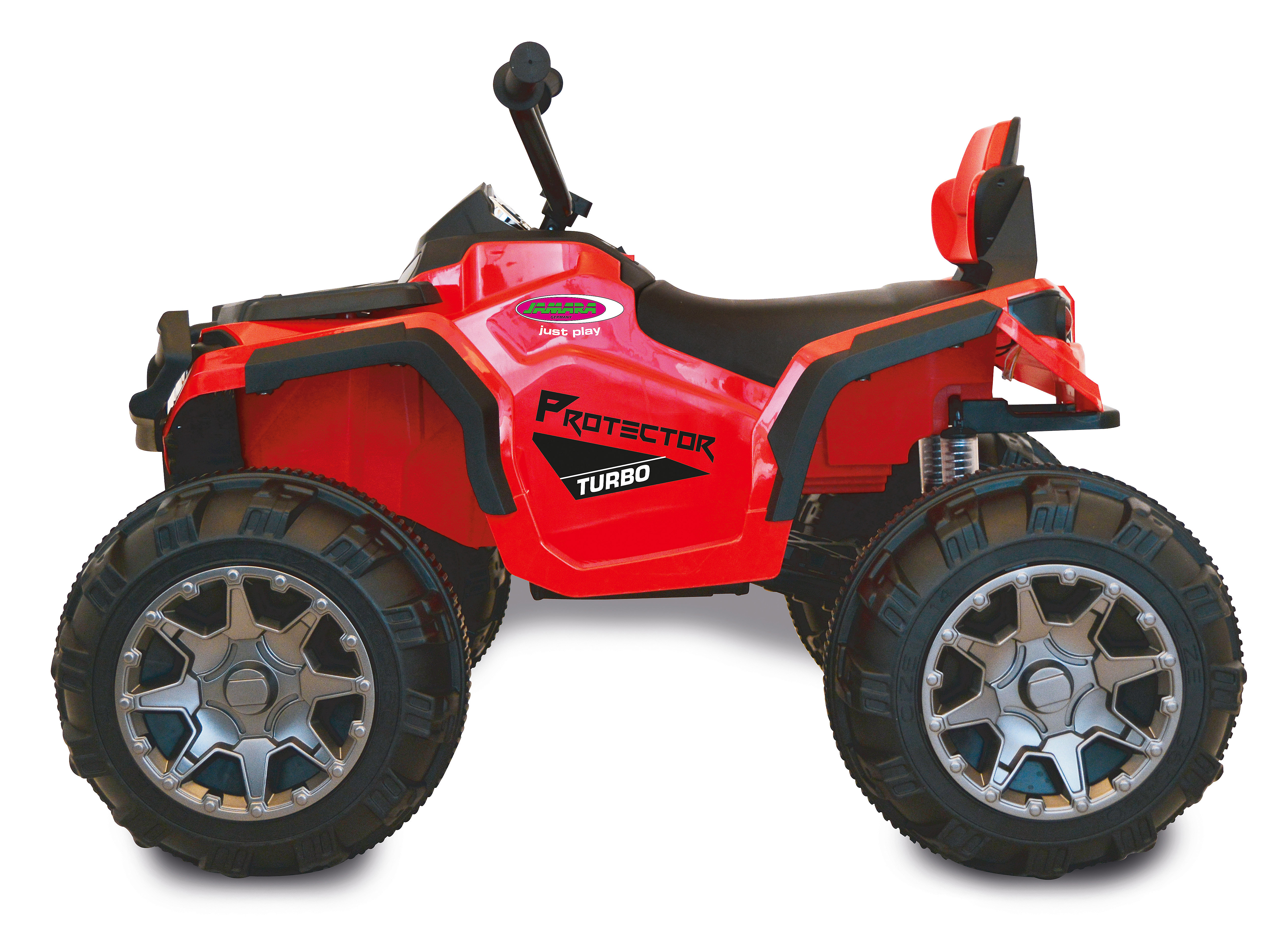Rotes und schwarzes Spielzeug-ATV mit großen Reifen. Es hat einen schwarzen Sitz und einen Lenker. Das ATV sagt 'PROTECTOR TURBO'.
