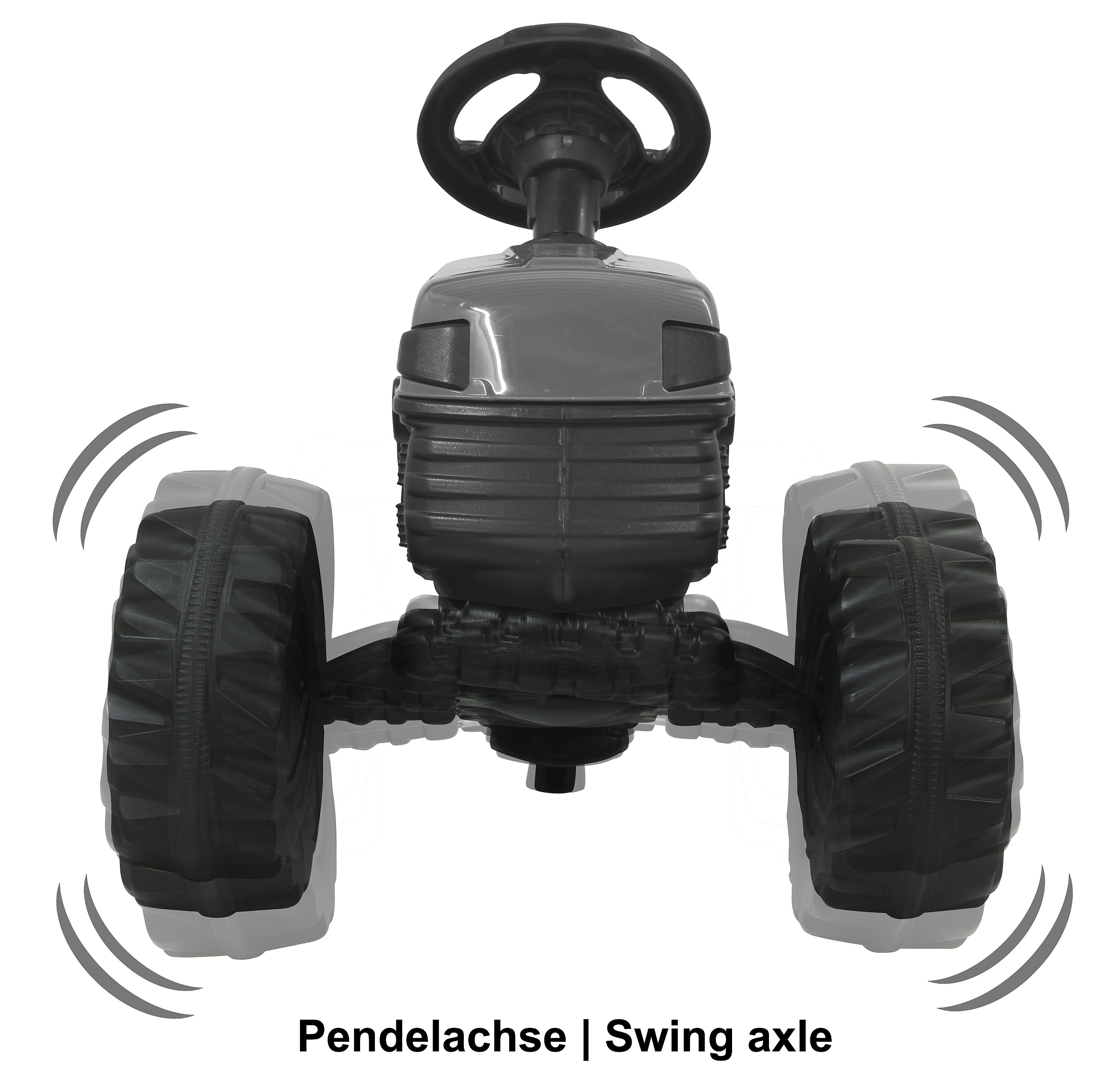 Schwarzer Spielzeugtraktor, Vorderansicht. Er hat ein Lenkrad und zwei große schwarze Räder. Der Text unten lautet 'Swing axle'.