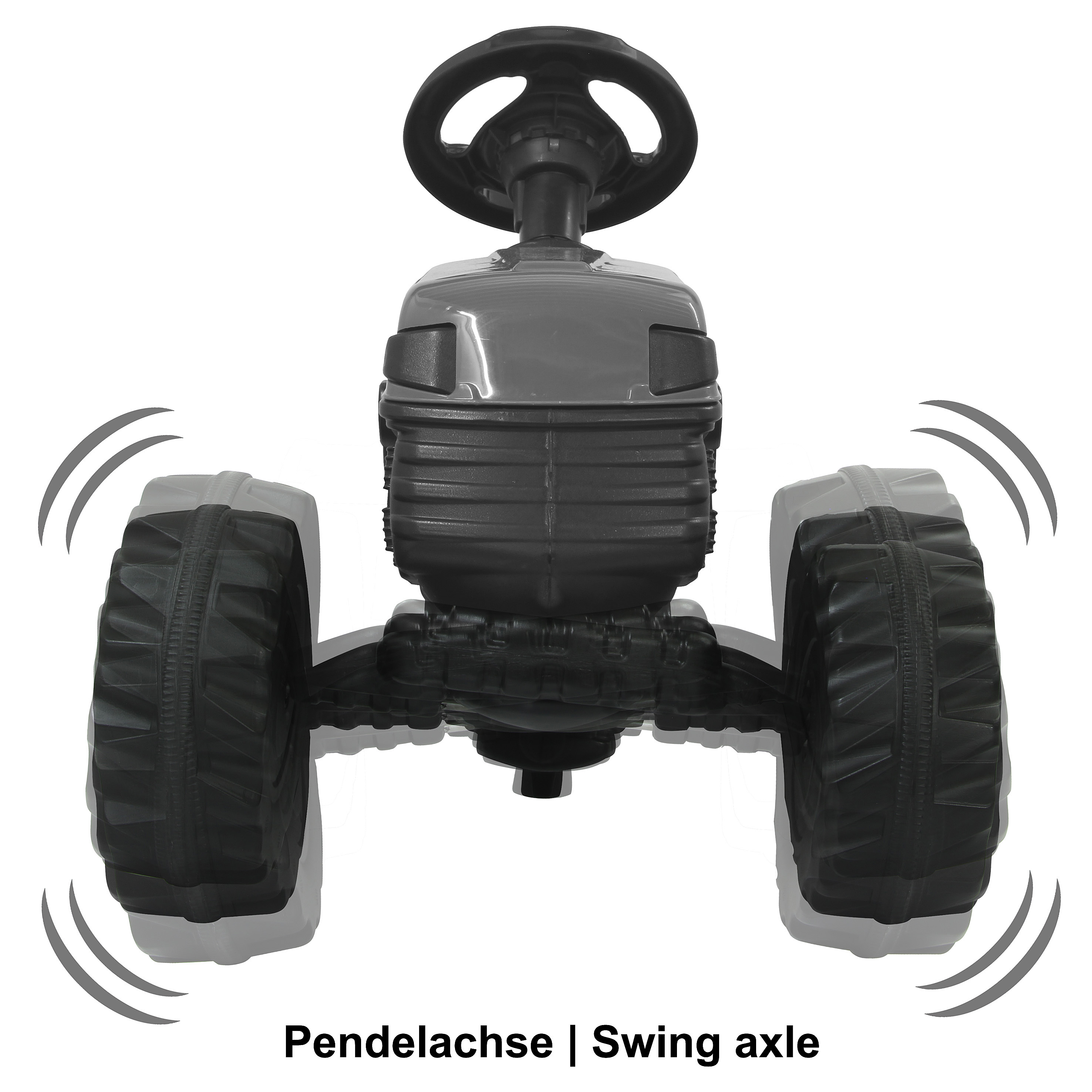 Ein schwarzer Spielzeugtraktor mit großen Reifen und einem Lenkrad auf weißem Hintergrund. Der Text "Pendelachse | Swing axle" steht darunter.
