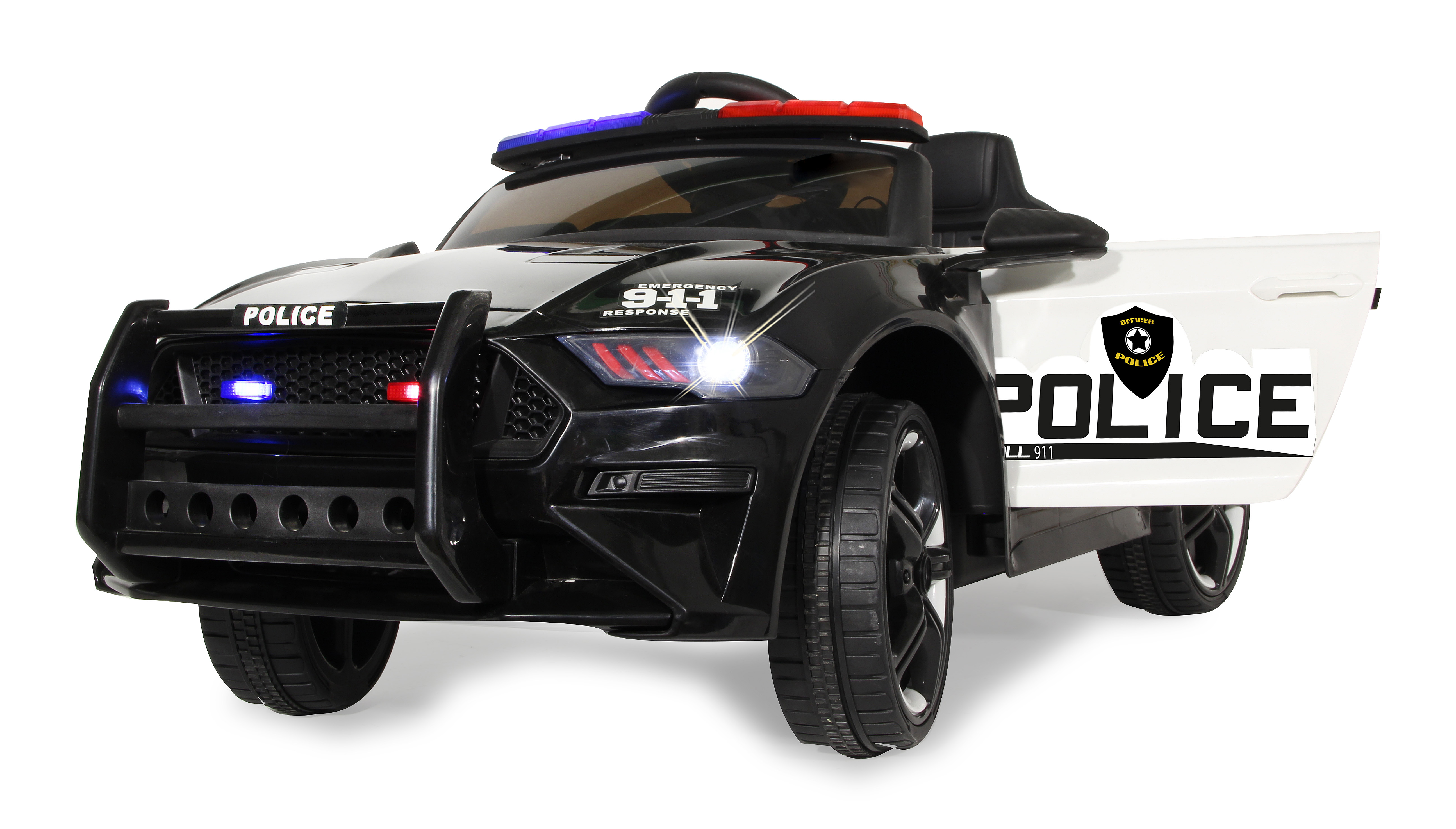 Ein schwarz-weißes Spielzeug-Polizeiauto mit Blinklichtern. Die Tür ist geöffnet, und das Wort POLIZEI ist sichtbar.