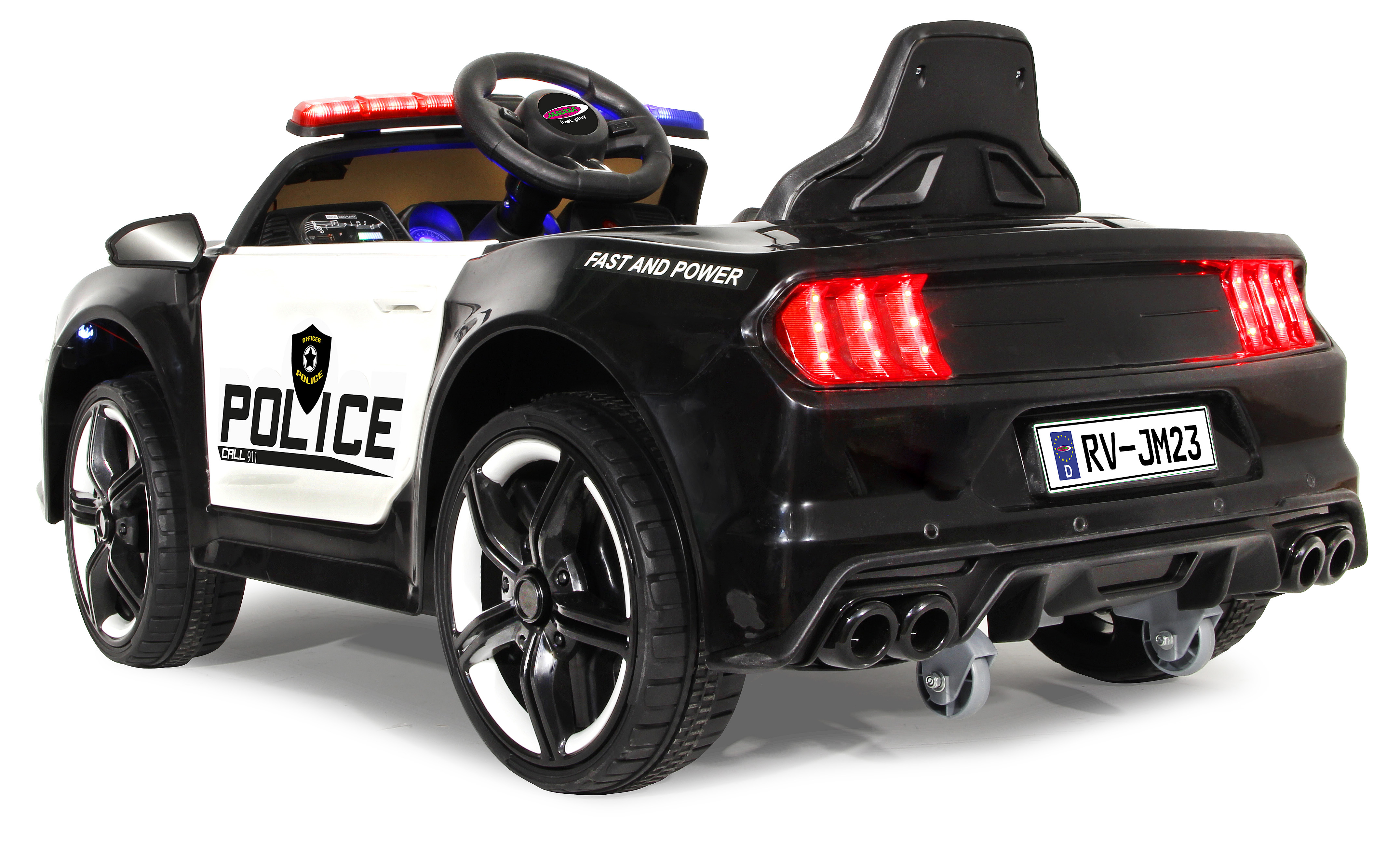 Ein schwarz-weißes Spielzeug-Polizeiauto. Es hat rote und blaue Lichter, ein Lenkrad und "POLIZEI" auf der Seite.