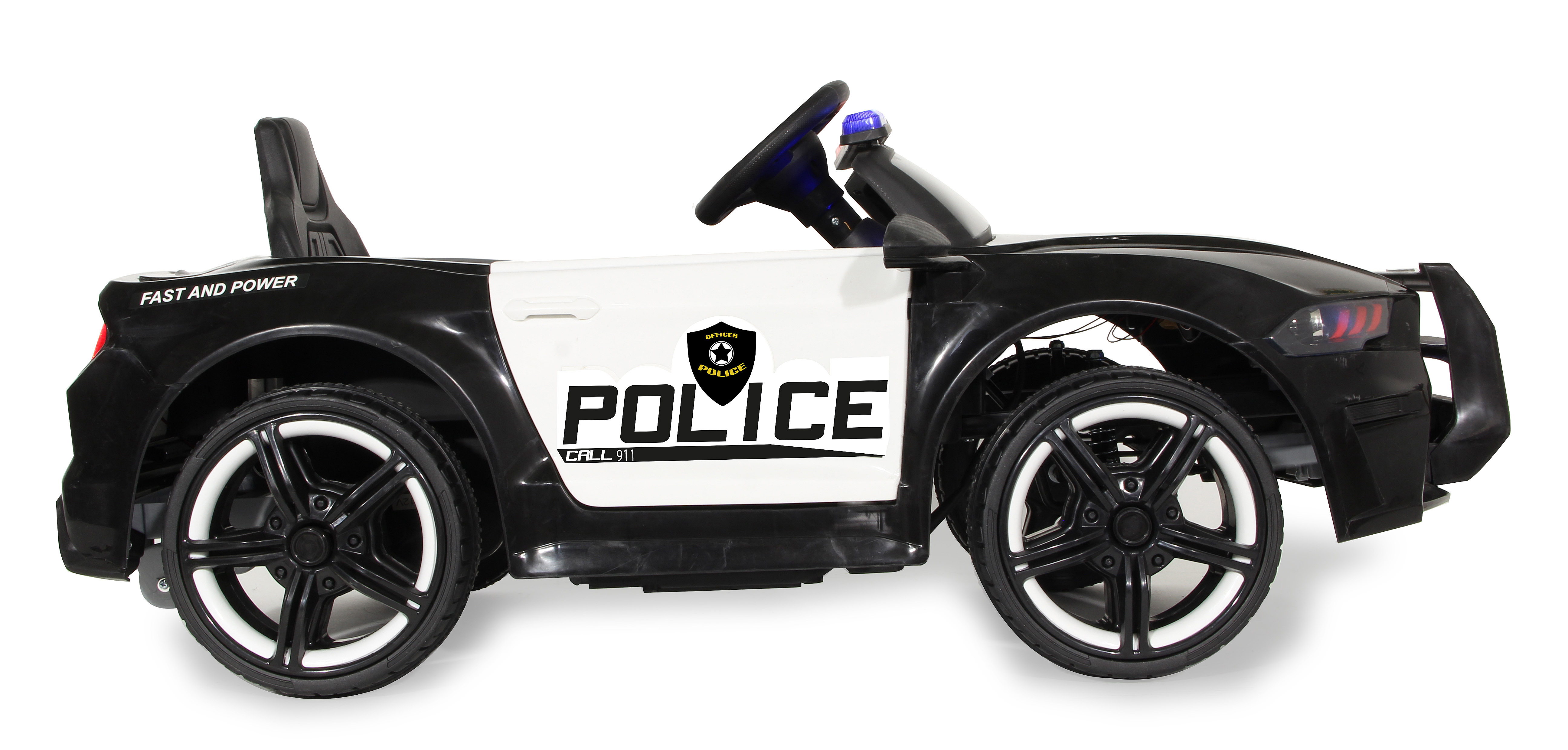 Ein schwarz-weißes Polizei-Spielzeugauto mit Polizei-Markierungen und Lichtern. Es hat schwarze Räder mit weißen Akzenten.