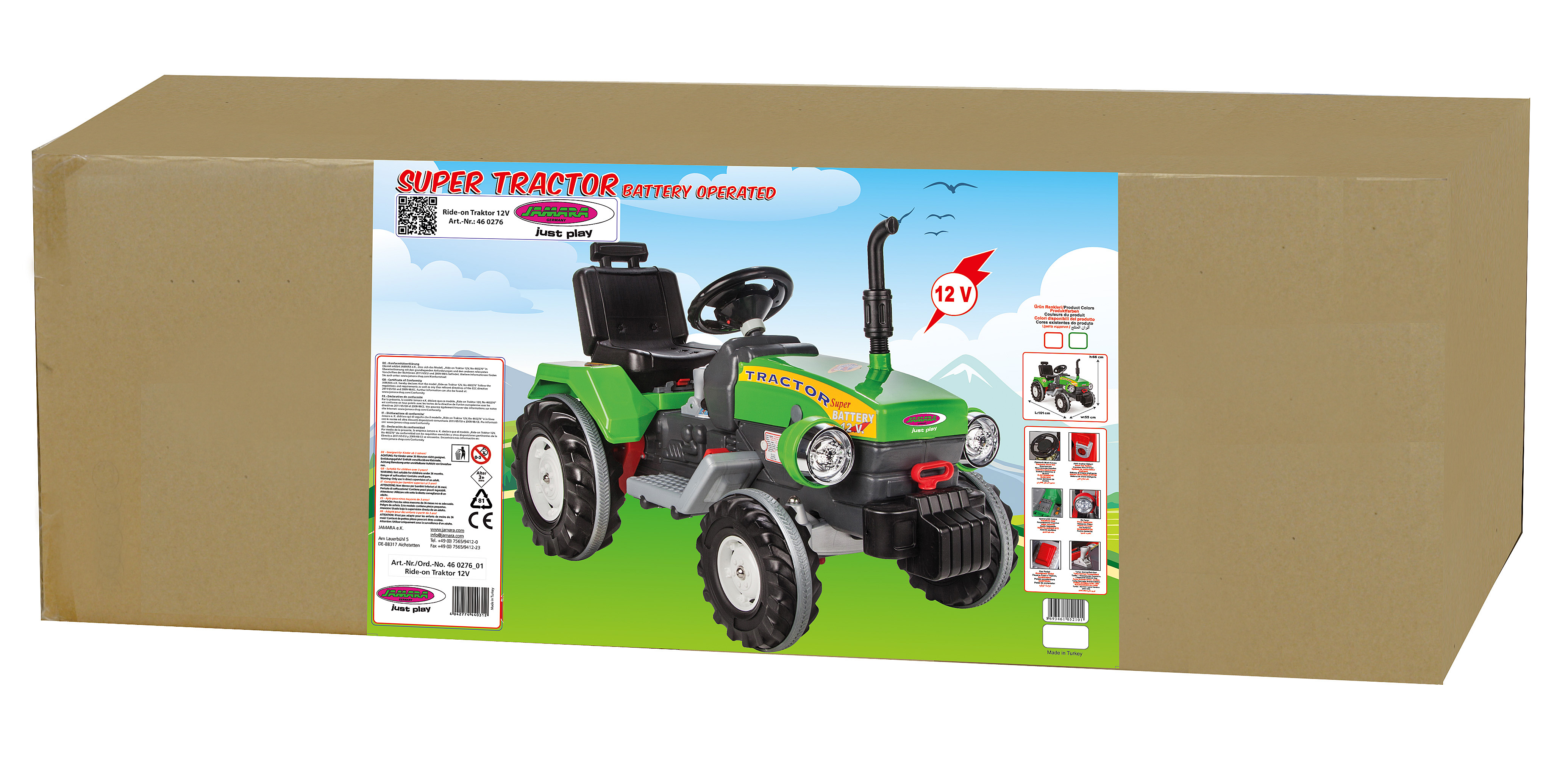 Karton mit grünem Spielzeugtraktor. Er hat einen schwarzen Sitz, ein Lenkrad und große Reifen. Der Karton ist aus Pappe.