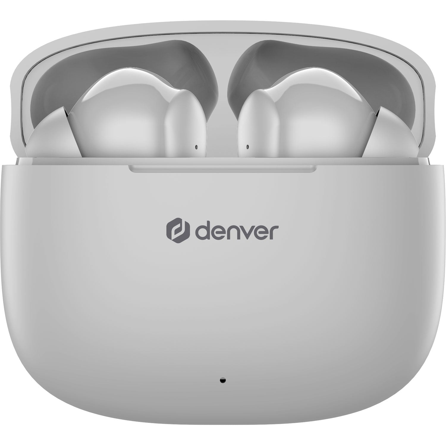 White Denver earbuds in an open charging case. The case has the Denver logo. Earbuds are in the case, ready to use.